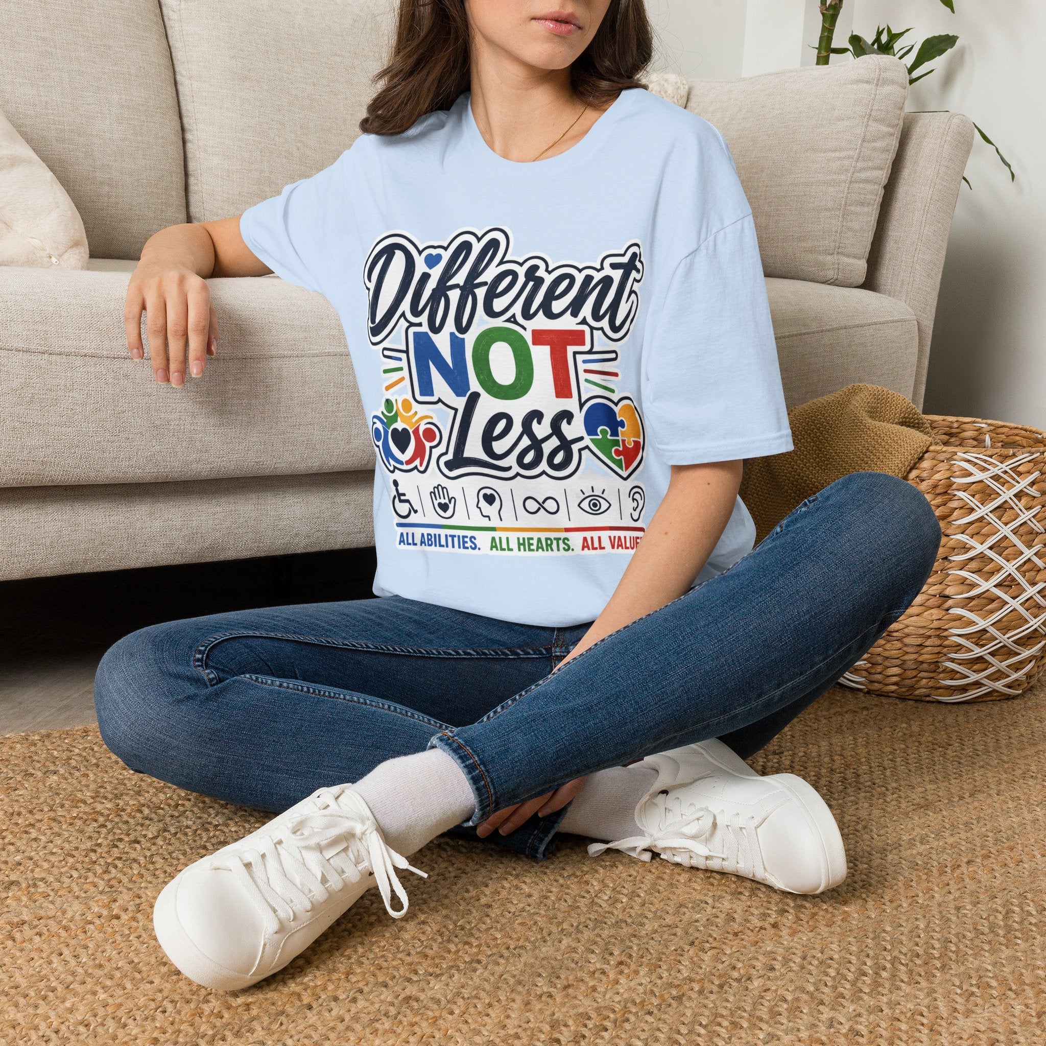 Different NOT Less T-Shirt | Disability Pride, Inclusive Rainbow Design