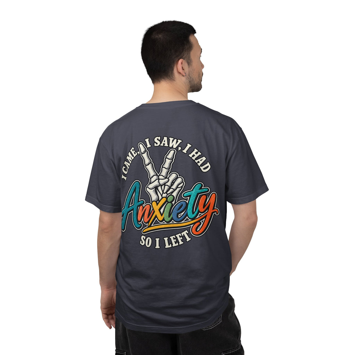 Anxiety Skeleton Peace Sign T-Shirt, I Came I Saw I Fled Retro Script Shirt, Funny Mental Health Tee, Anxiety Humor Gift