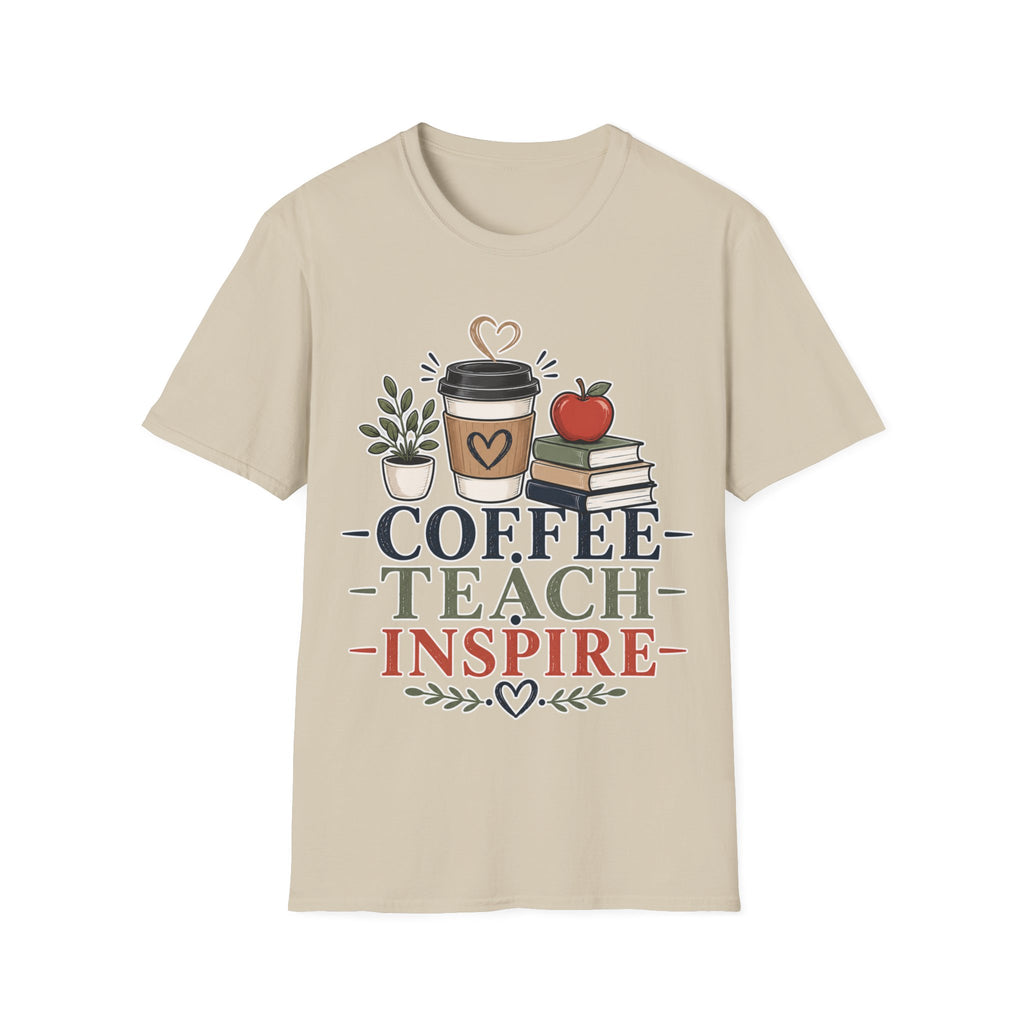 Coffee Teach Inspire Shirt | Teacher T-Shirt | Coffee Books Apple Graphic Tee | Elementary Teacher Gift | Back to School Apparel