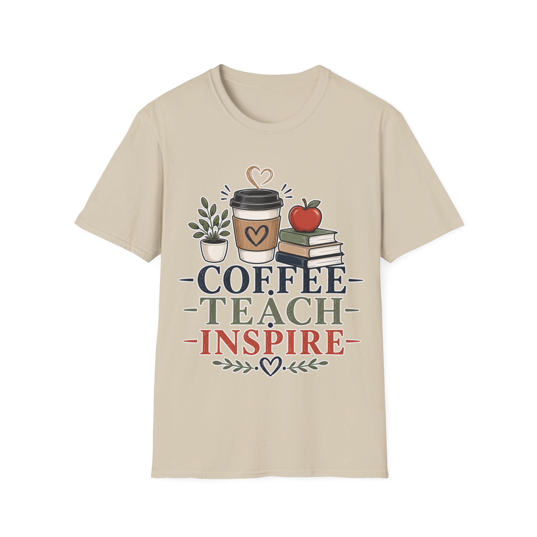 Coffee Teach Inspire Shirt | Teacher T-Shirt | Coffee Books Apple Graphic Tee | Elementary Teacher Gift | Back to School Apparel