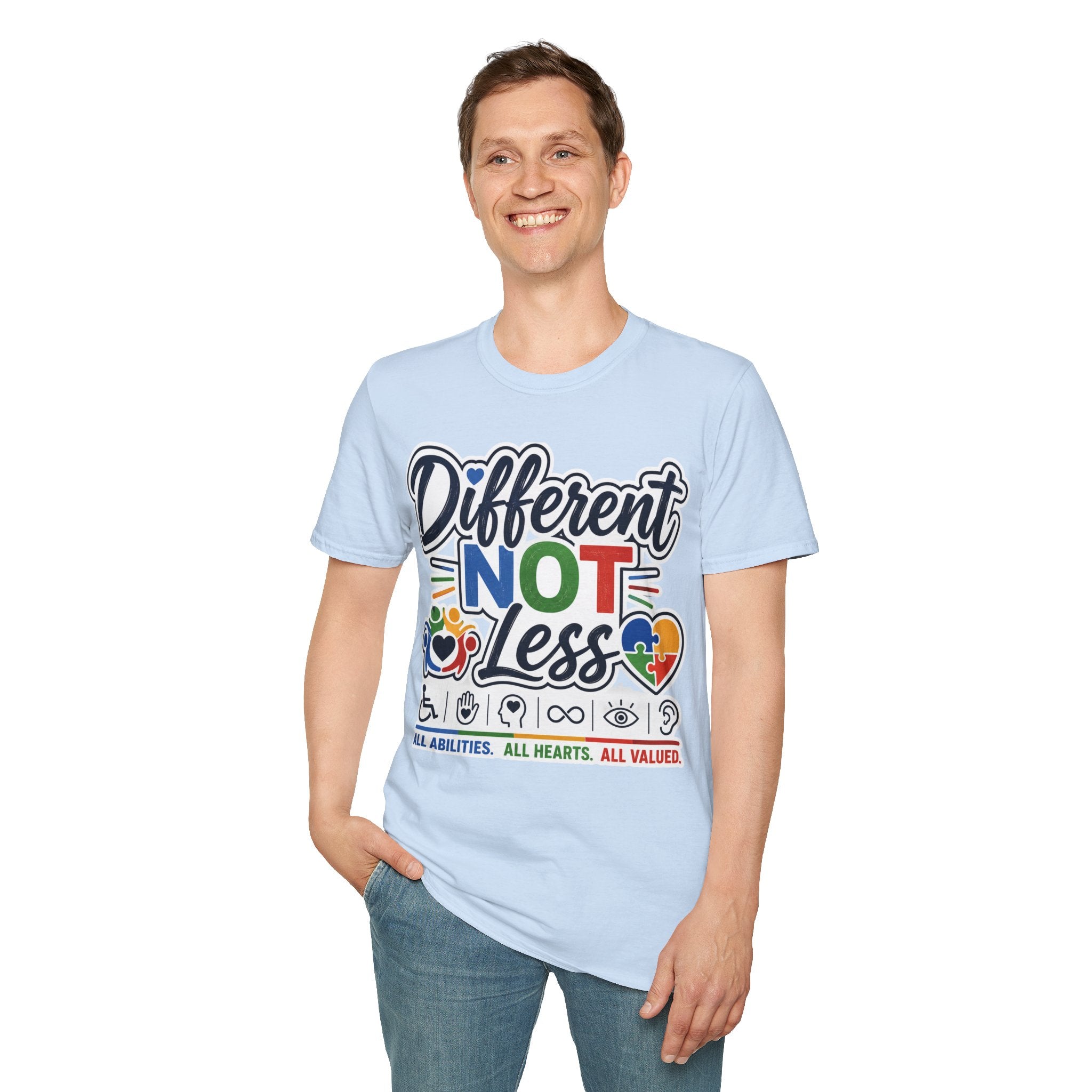 Different NOT Less T-Shirt | Disability Pride, Inclusive Rainbow Design