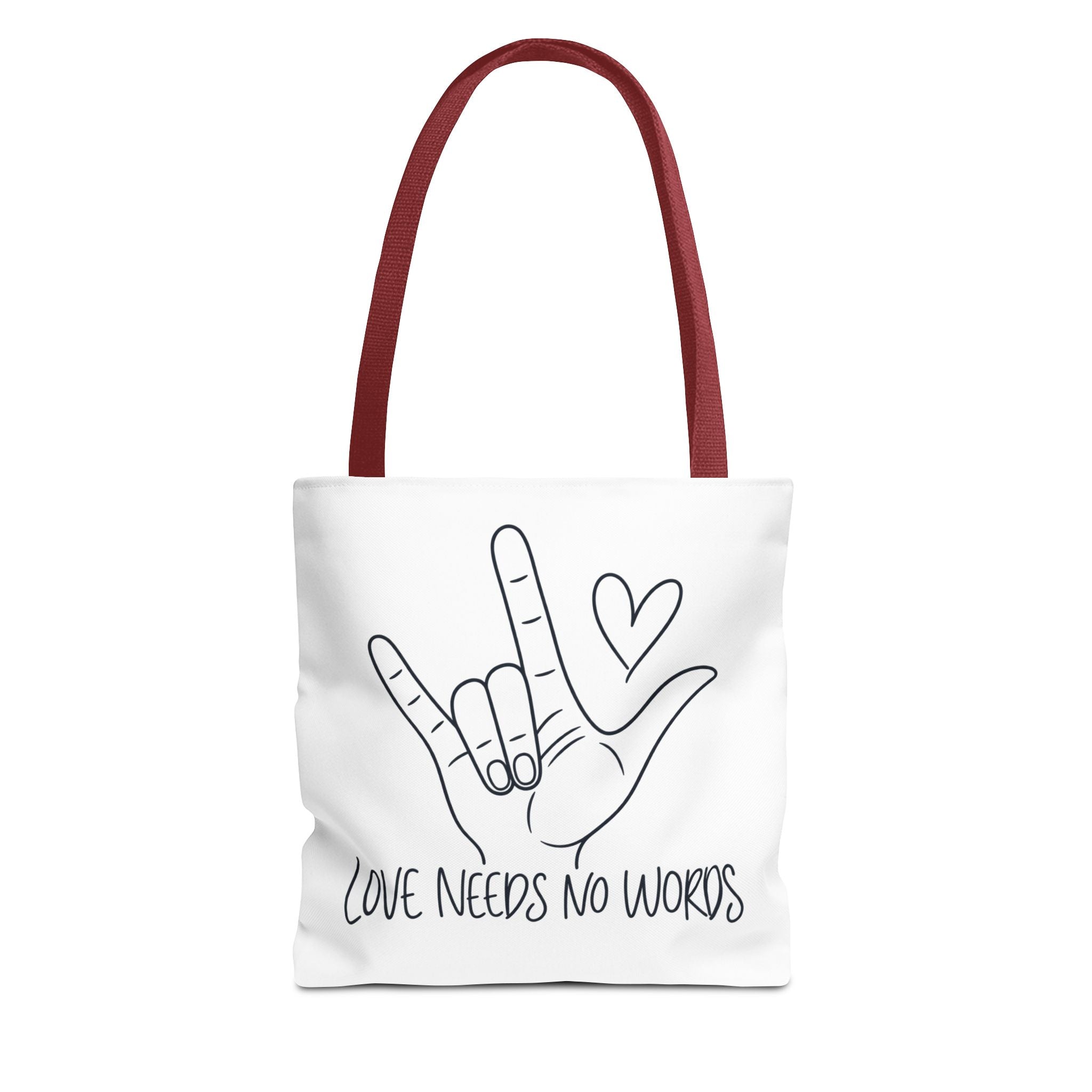 Love Needs No Words Tote Bag, ASL I Love You Hand Illustration Canvas Bag, Autism Acceptance Tote, Sign Language Nonverbal Gift