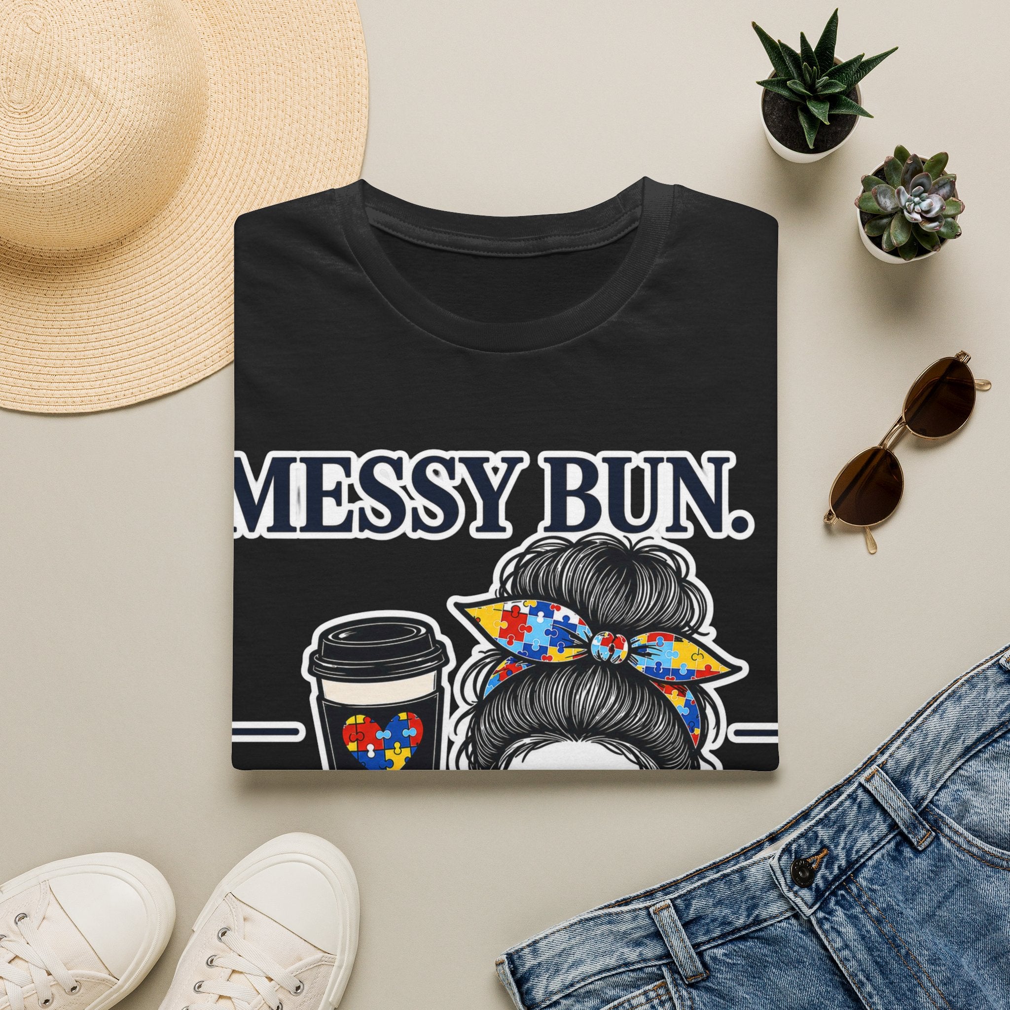 Messy Bun Coffee Mom Life Autism Acceptance Shirt | Autism Mom T-Shirt | Neurodiversity Support Tee | Special Needs Mom Gift