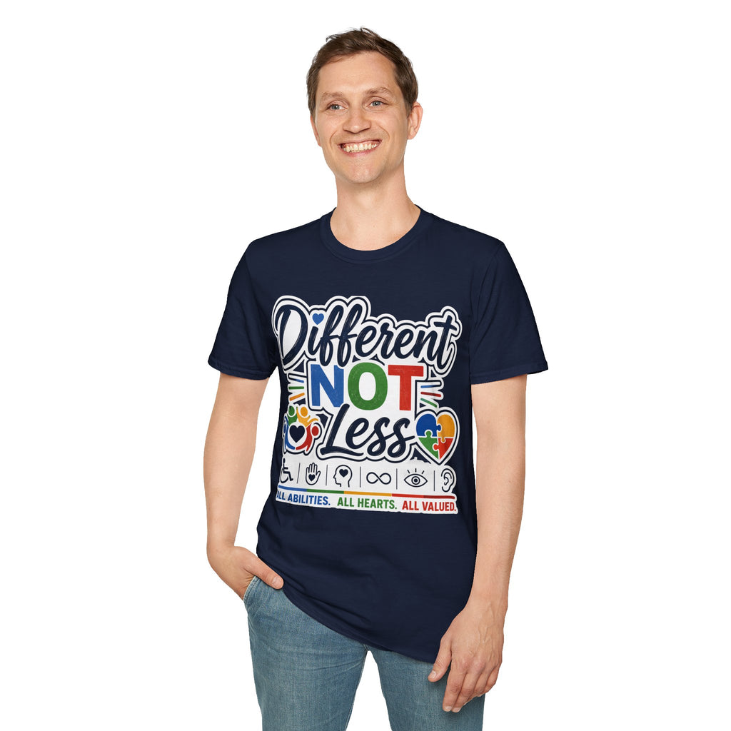 Different NOT Less T-Shirt | Disability Pride, Inclusive Rainbow Design