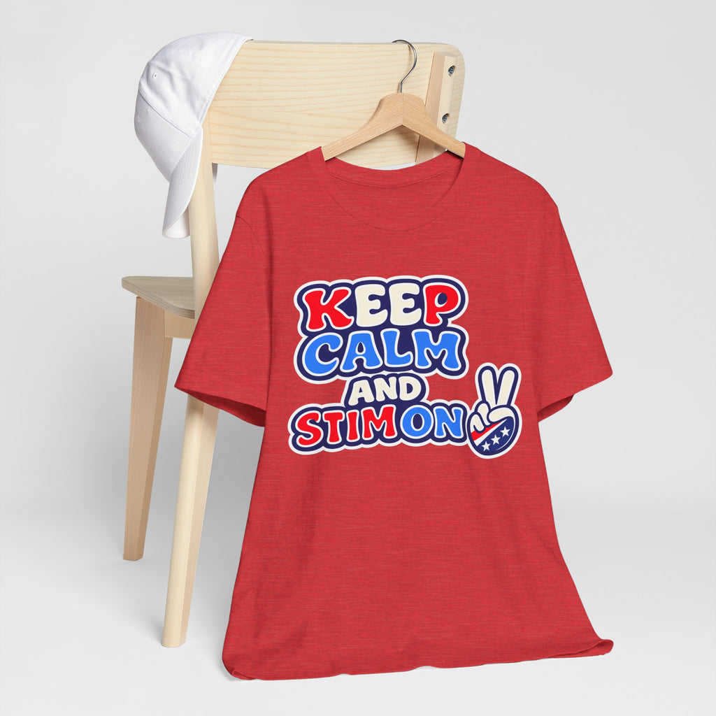 Keep Calm and Stim On Shirt Autism Awareness T Shirt Retro Peace Sign Tee Red White Blue Neurodiversity Sensory Support Gift