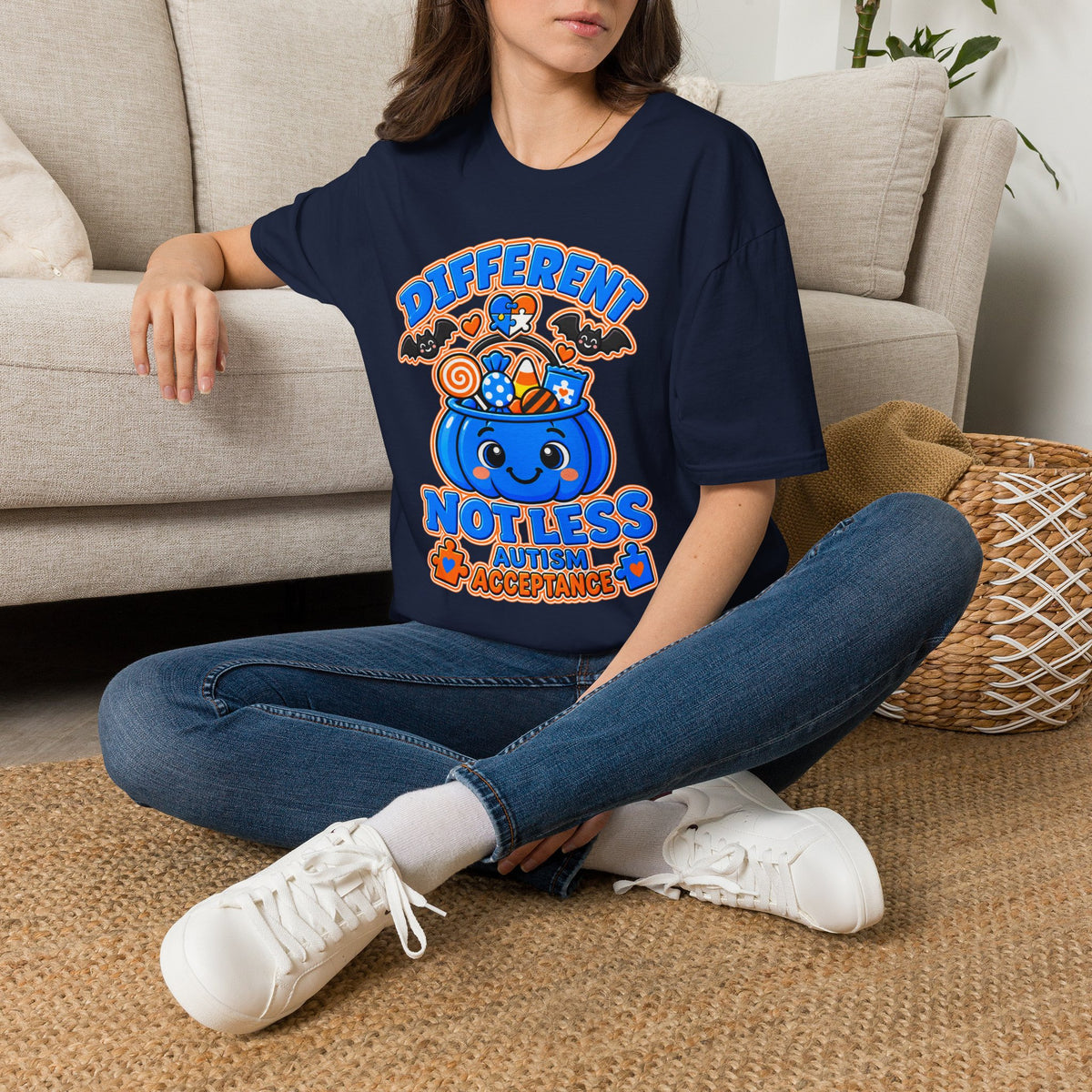 Different Not Less Halloween Shirt, Autism Acceptance Pumpkin Tee, Halloween Autism Awareness T-Shirt, Trick or Treat Bucket Gift