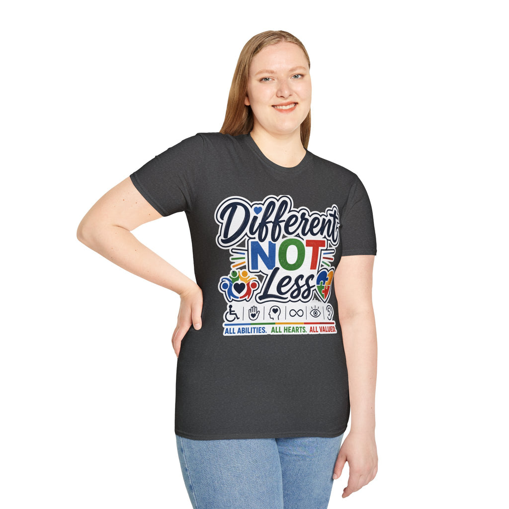 Different NOT Less T-Shirt | Disability Pride, Inclusive Rainbow Design