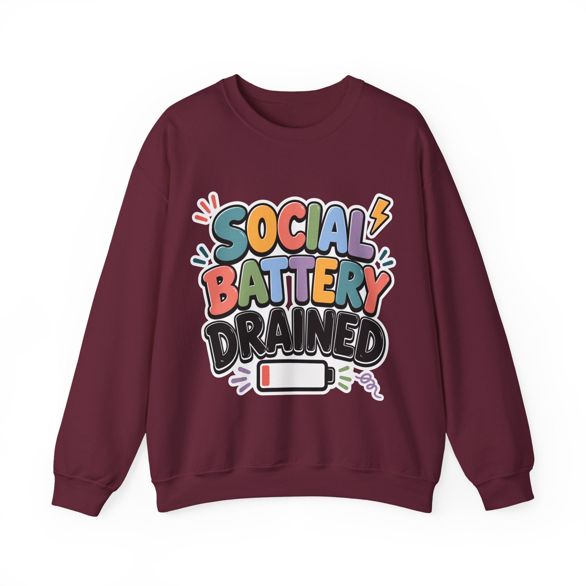 Social Battery Drained Crewneck Sweatshirt | Funny Introvert Sweatshirt | Low Battery Graphic Pullover | Mental Health Humor | Unisex Gift