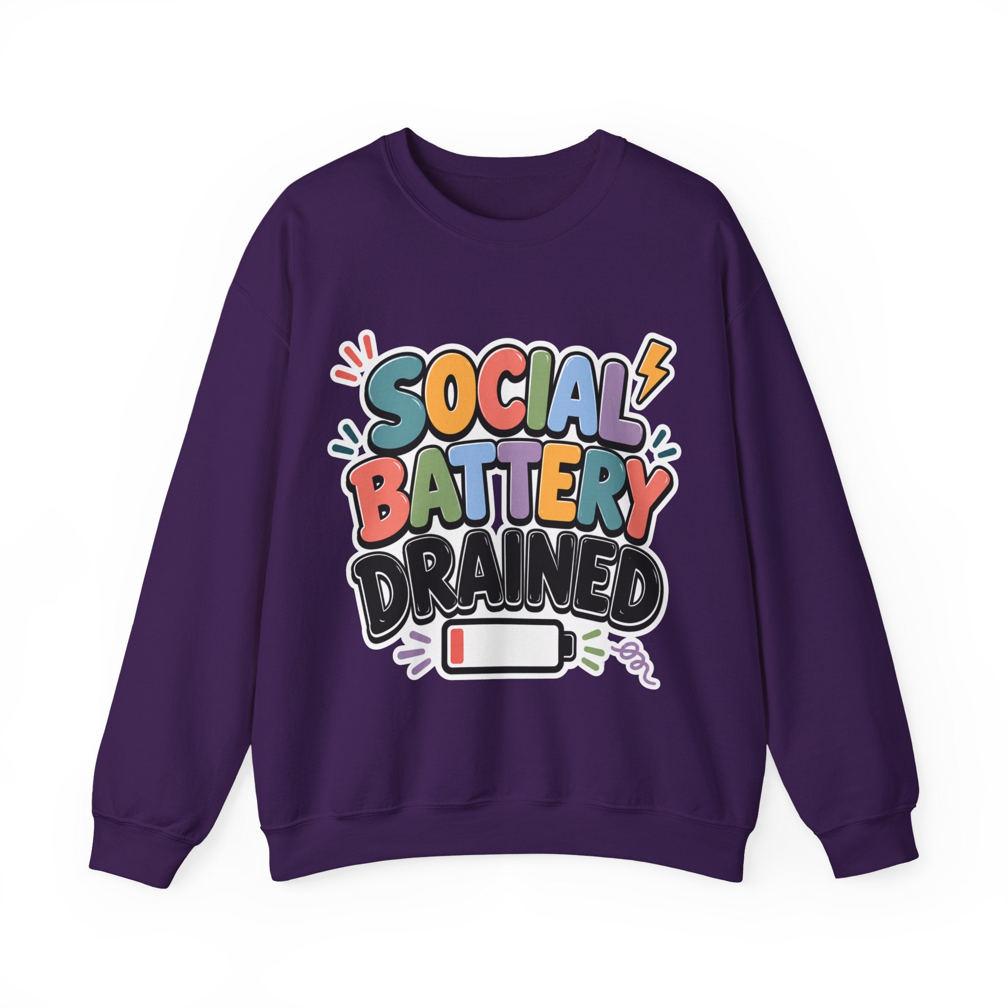 Social Battery Drained Crewneck Sweatshirt | Funny Introvert Sweatshirt | Low Battery Graphic Pullover | Mental Health Humor | Unisex Gift