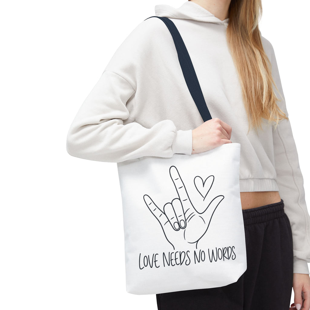 Love Needs No Words Tote Bag, ASL I Love You Hand Illustration Canvas Bag, Autism Acceptance Tote, Sign Language Nonverbal Gift