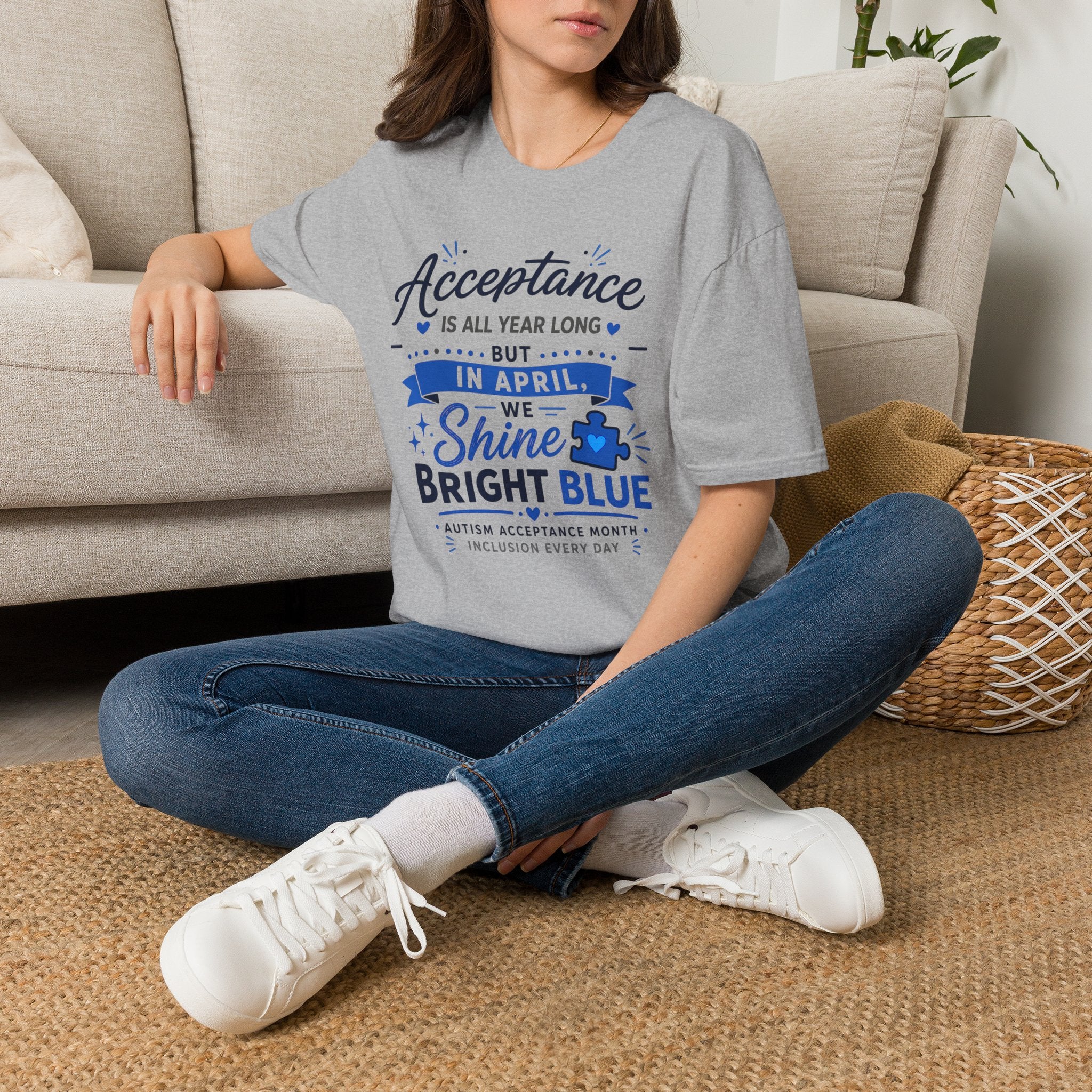 Acceptance Is All Year Long But In April We Shine Bright Blue Shirt, Autism Awareness Month Tee, Light It Up Blue T-Shirt, Autism Gift