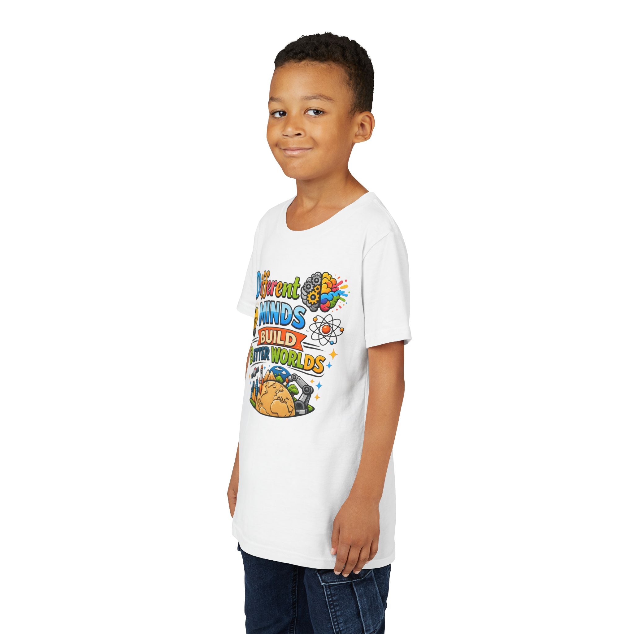 Different Minds Build Better Worlds Youth Tee | STEM, Creativity, Inclusion