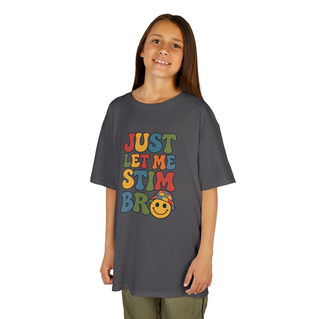 Just Let Me Stim Bro Kids Tee, Retro Bubble Letters Smiley Face Shirt, Autism ADHD Neurodivergent Kids T-Shirt, Funny Sensory Gift