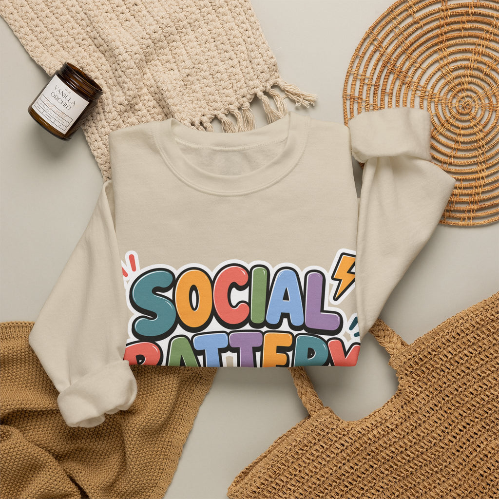 Social Battery Drained Crewneck Sweatshirt | Funny Introvert Sweatshirt | Low Battery Graphic Pullover | Mental Health Humor | Unisex Gift