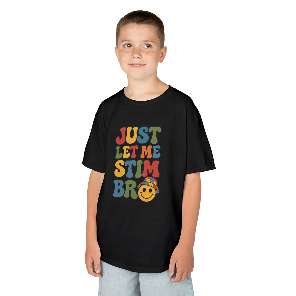 Just Let Me Stim Bro Kids Tee, Retro Bubble Letters Smiley Face Shirt, Autism ADHD Neurodivergent Kids T-Shirt, Funny Sensory Gift