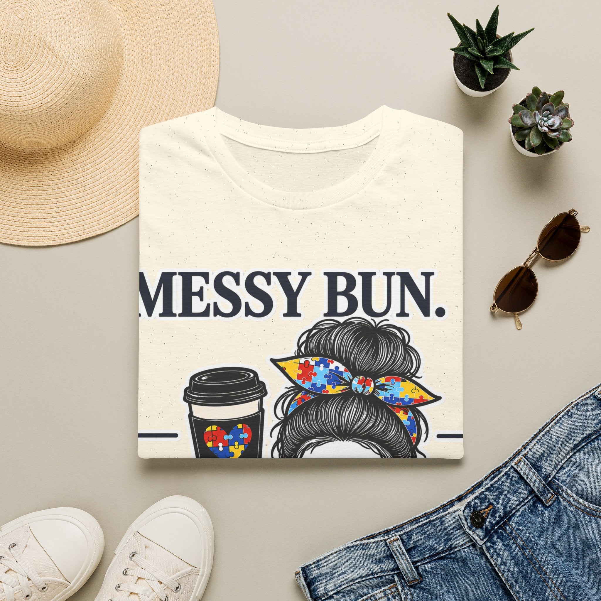 Messy Bun Coffee Mom Life Autism Acceptance Shirt | Autism Mom T-Shirt | Neurodiversity Support Tee | Special Needs Mom Gift