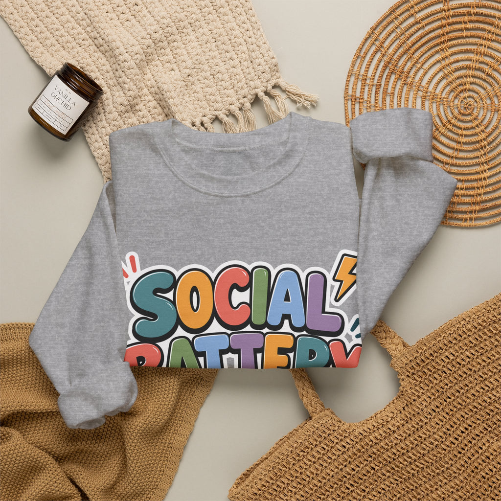 Social Battery Drained Crewneck Sweatshirt | Funny Introvert Sweatshirt | Low Battery Graphic Pullover | Mental Health Humor | Unisex Gift