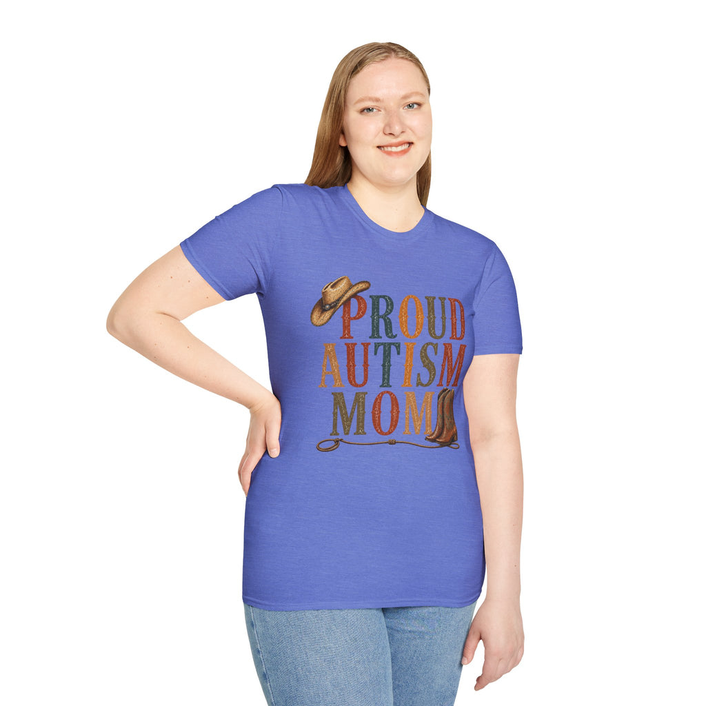 Proud Autism Mom T-Shirt — Rustic Western Cowboy Hat & Boots Design