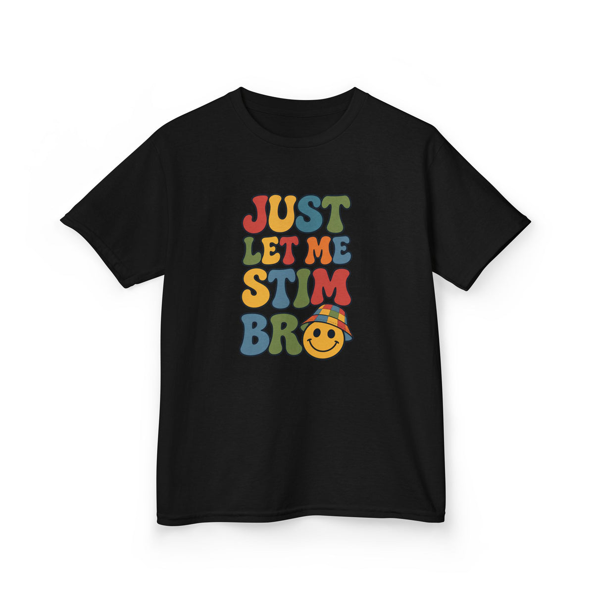 Just Let Me Stim Bro Kids Tee, Retro Bubble Letters Smiley Face Shirt, Autism ADHD Neurodivergent Kids T-Shirt, Funny Sensory Gift