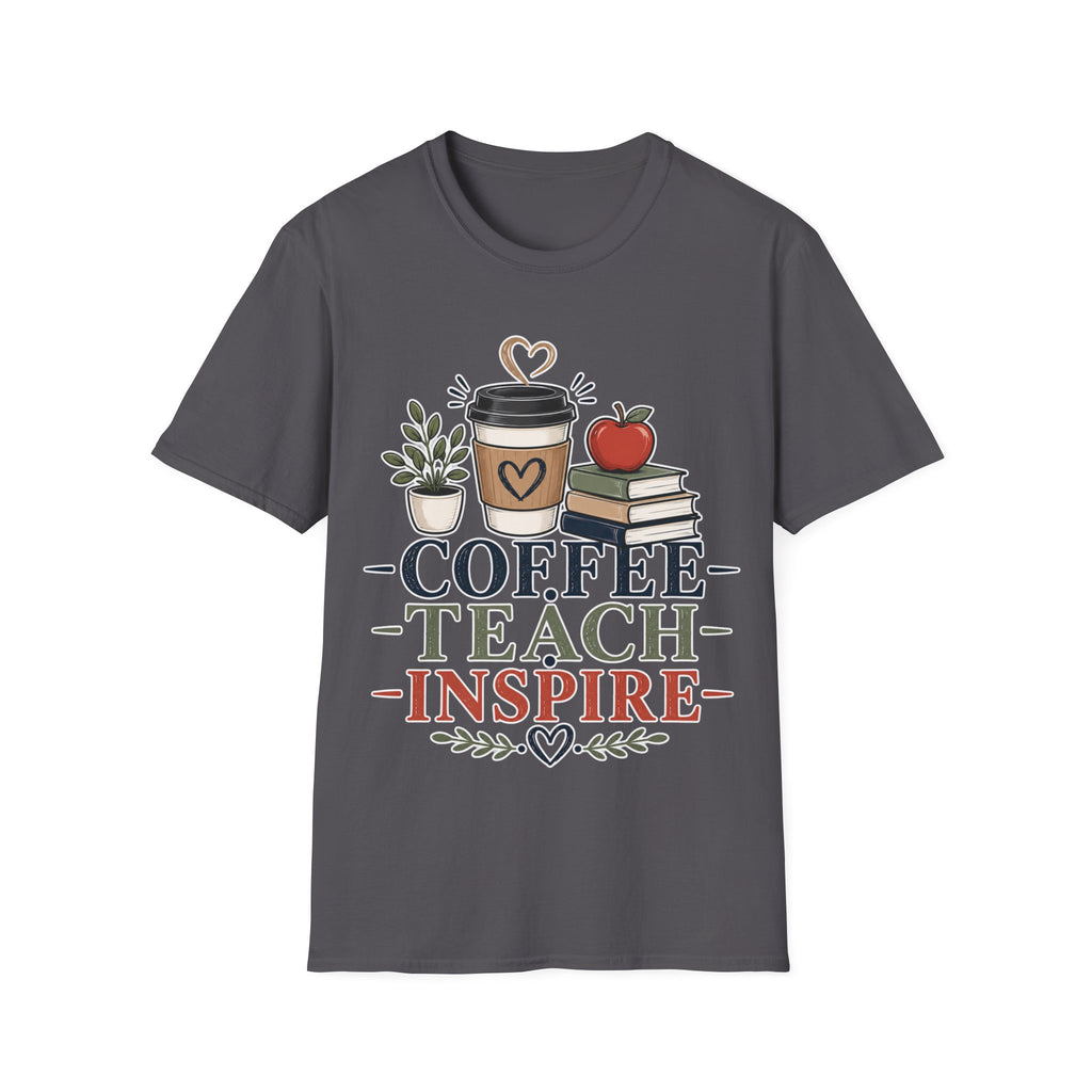 Coffee Teach Inspire Shirt | Teacher T-Shirt | Coffee Books Apple Graphic Tee | Elementary Teacher Gift | Back to School Apparel