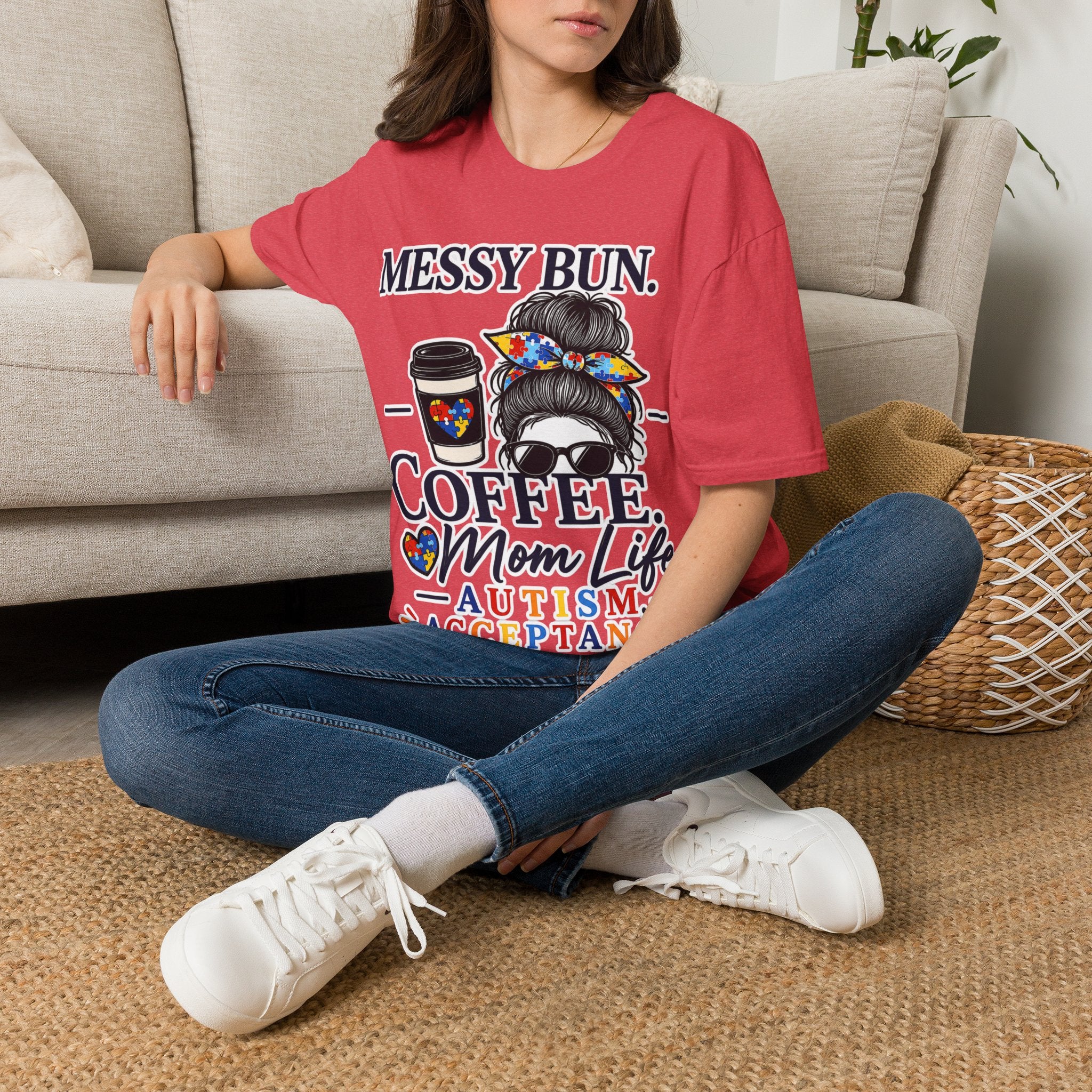 Messy Bun Coffee Mom Life Autism Acceptance Shirt | Autism Mom T-Shirt | Neurodiversity Support Tee | Special Needs Mom Gift