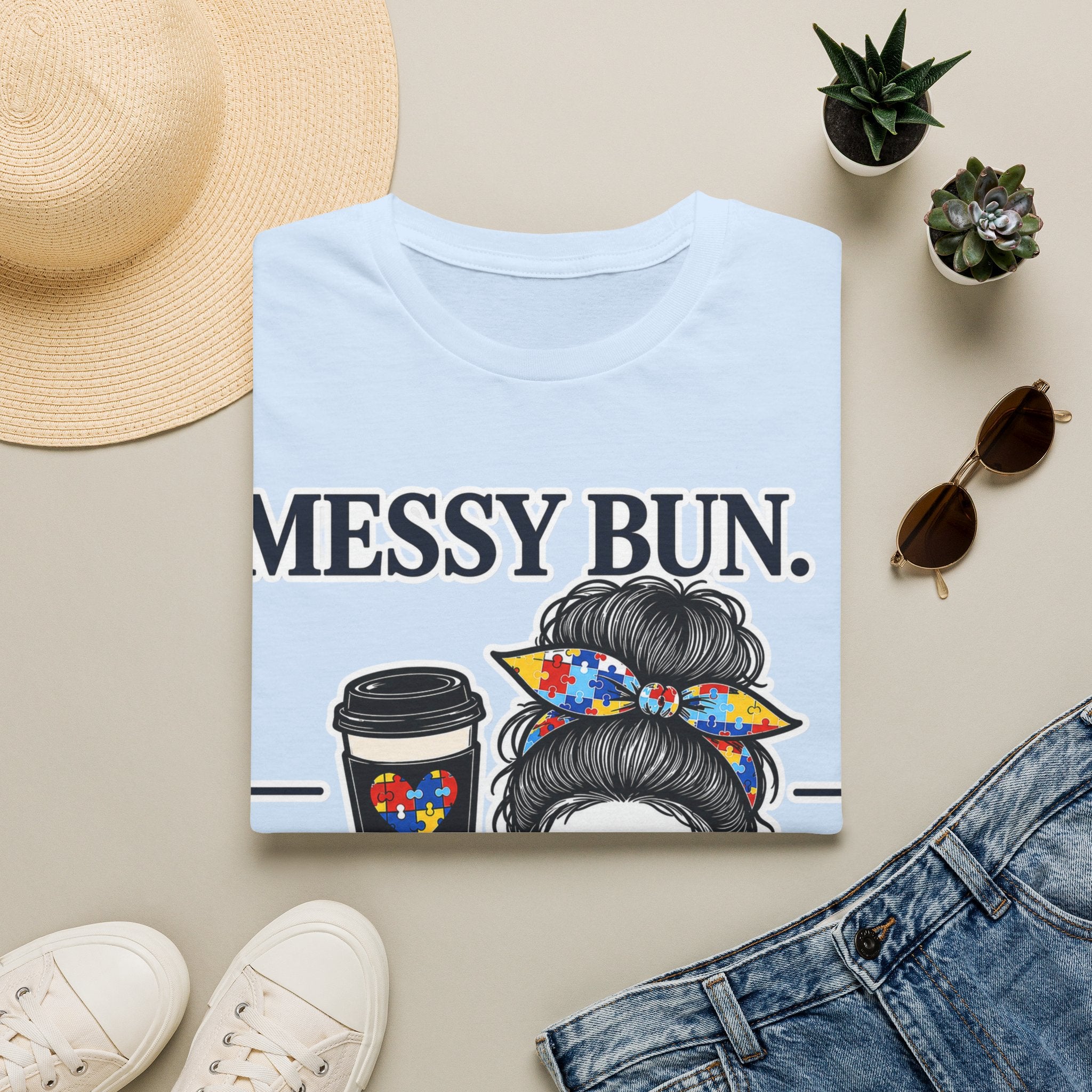 Messy Bun Coffee Mom Life Autism Acceptance Shirt | Autism Mom T-Shirt | Neurodiversity Support Tee | Special Needs Mom Gift