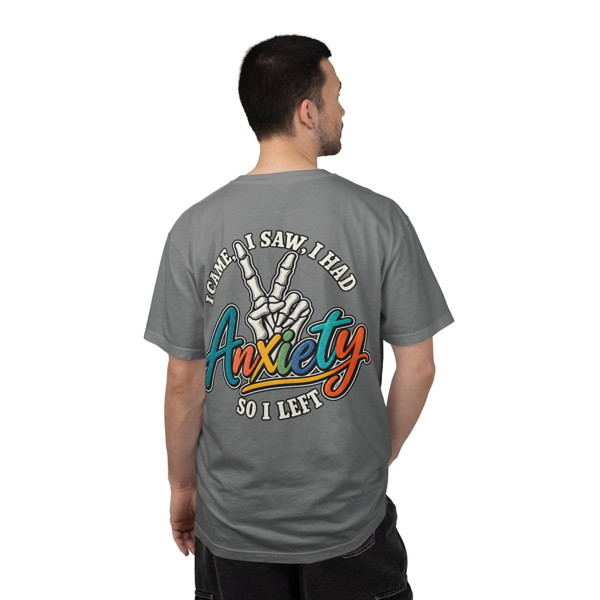 Anxiety Skeleton Peace Sign T-Shirt, I Came I Saw I Fled Retro Script Shirt, Funny Mental Health Tee, Anxiety Humor Gift