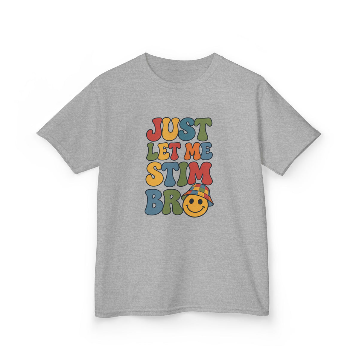 Just Let Me Stim Bro Kids Tee, Retro Bubble Letters Smiley Face Shirt, Autism ADHD Neurodivergent Kids T-Shirt, Funny Sensory Gift