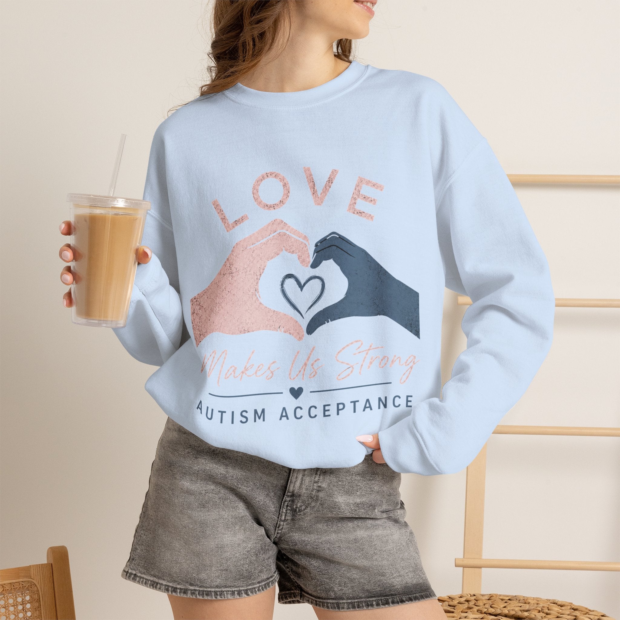 Autism Acceptance Sweatshirt | Love Makes Us Strong Crewneck | Heart Hands Sweatshirt | Neurodiversity Gift | Inclusion Apparel