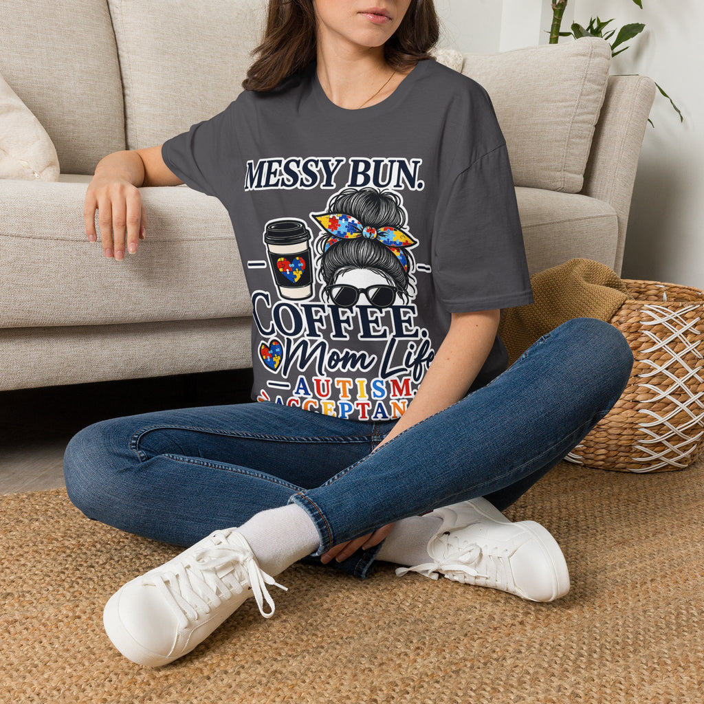 Messy Bun Coffee Mom Life Autism Acceptance Shirt | Autism Mom T-Shirt | Neurodiversity Support Tee | Special Needs Mom Gift
