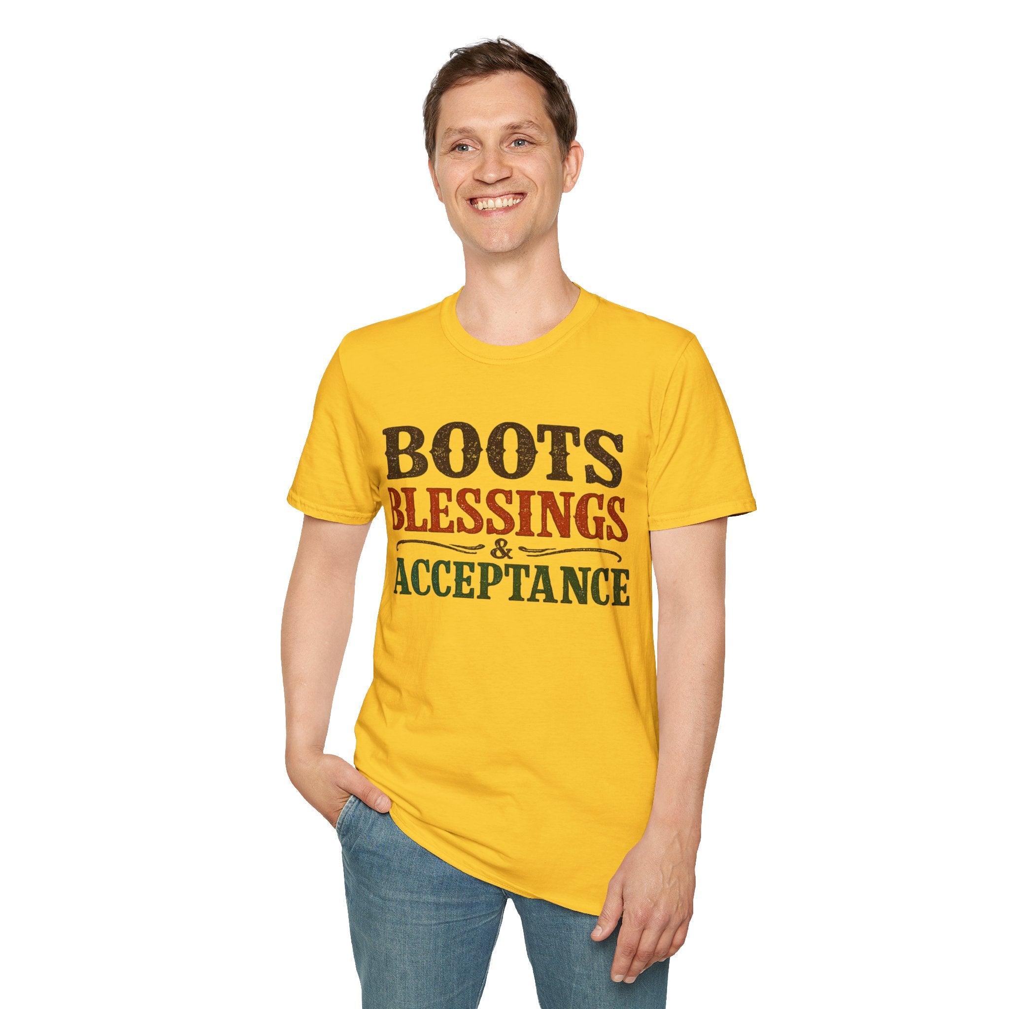 Boots Blessings & Acceptance T-Shirt | Western Typography, Rustic Faith Tee