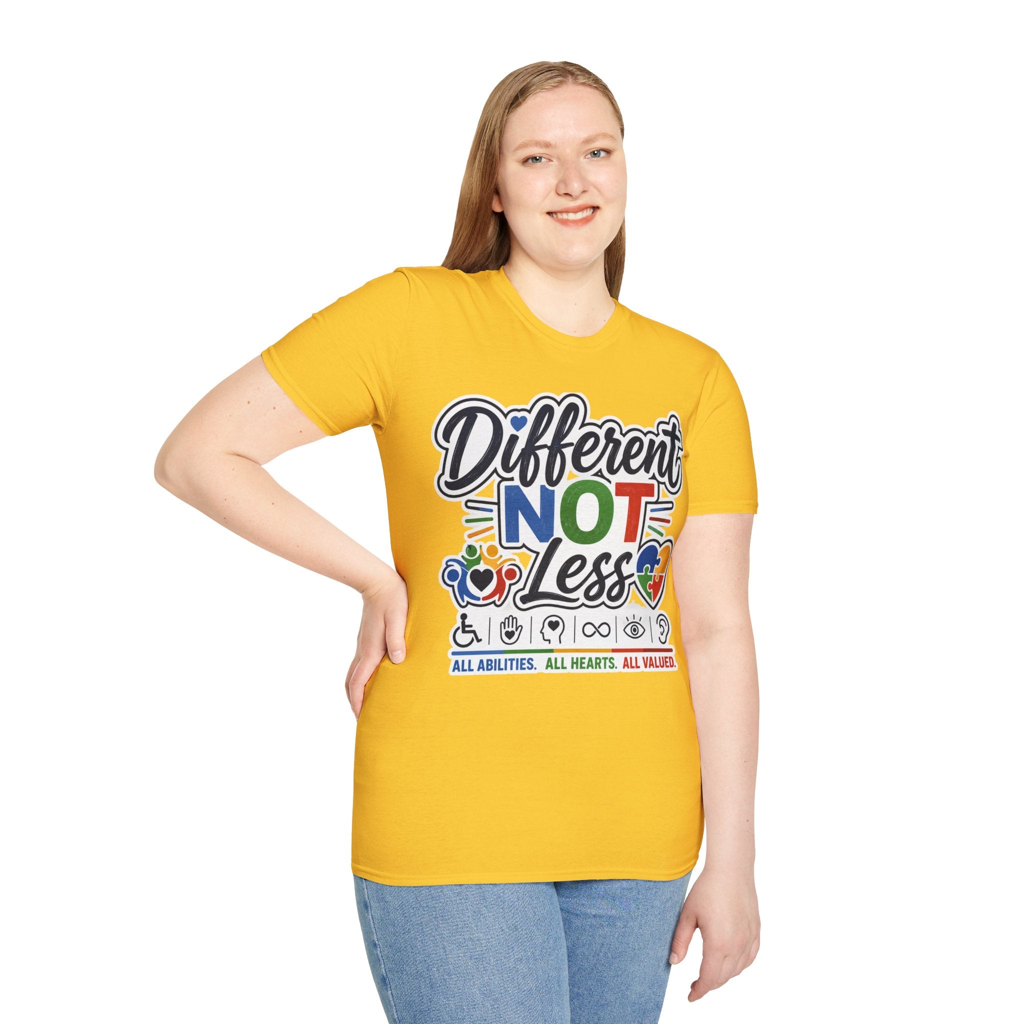 Different NOT Less T-Shirt | Disability Pride, Inclusive Rainbow Design