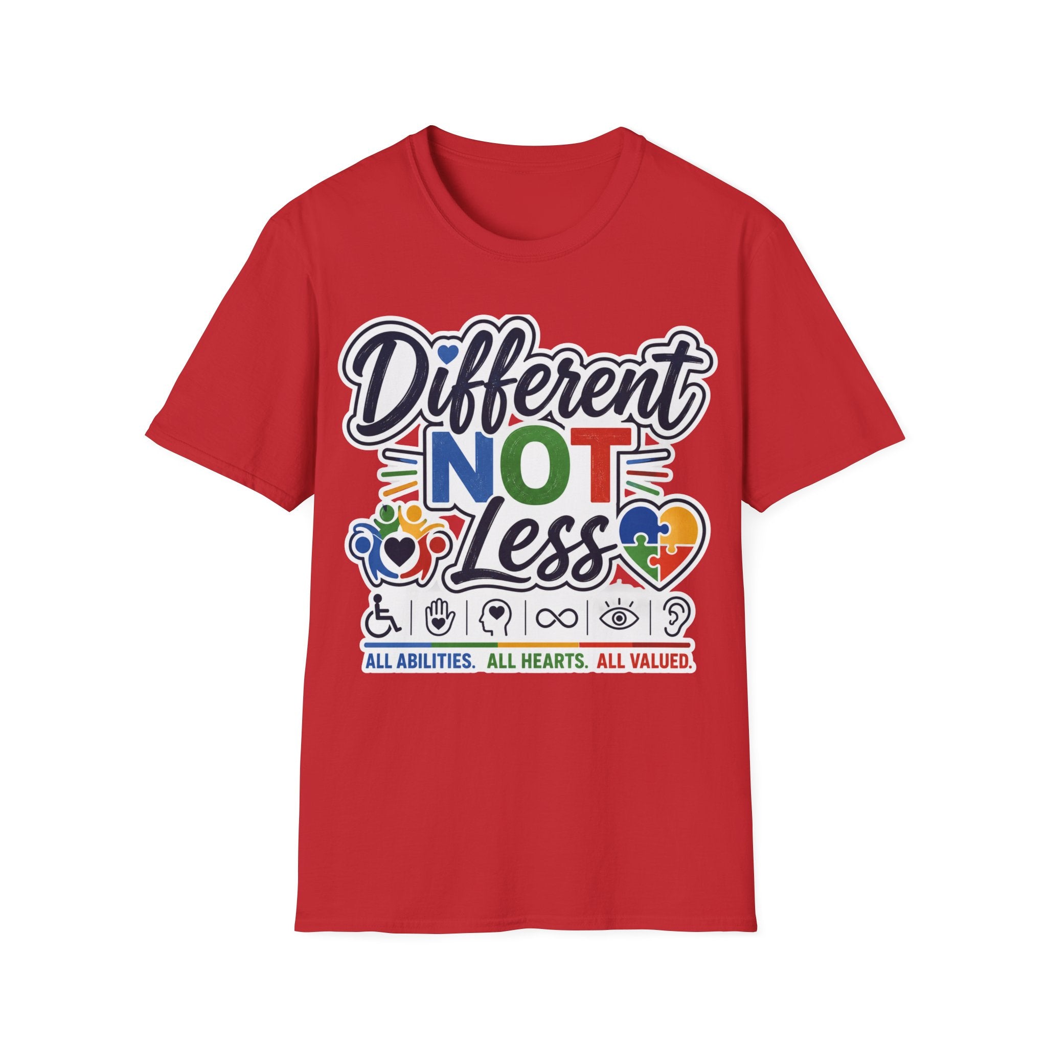 Different NOT Less T-Shirt | Disability Pride, Inclusive Rainbow Design