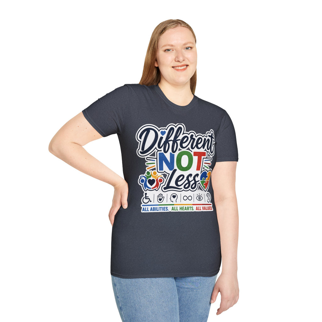 Different NOT Less T-Shirt | Disability Pride, Inclusive Rainbow Design