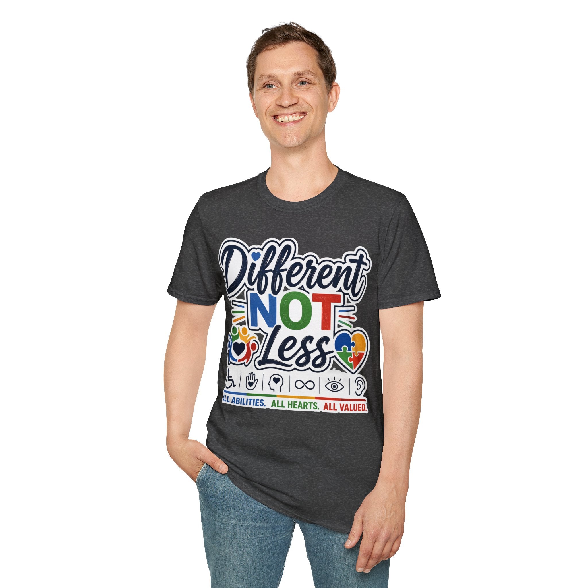 Different NOT Less T-Shirt | Disability Pride, Inclusive Rainbow Design