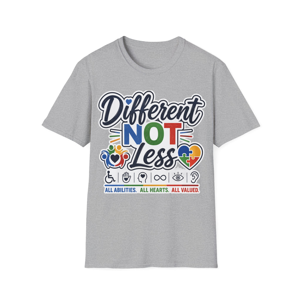 Different NOT Less T-Shirt | Disability Pride, Inclusive Rainbow Design