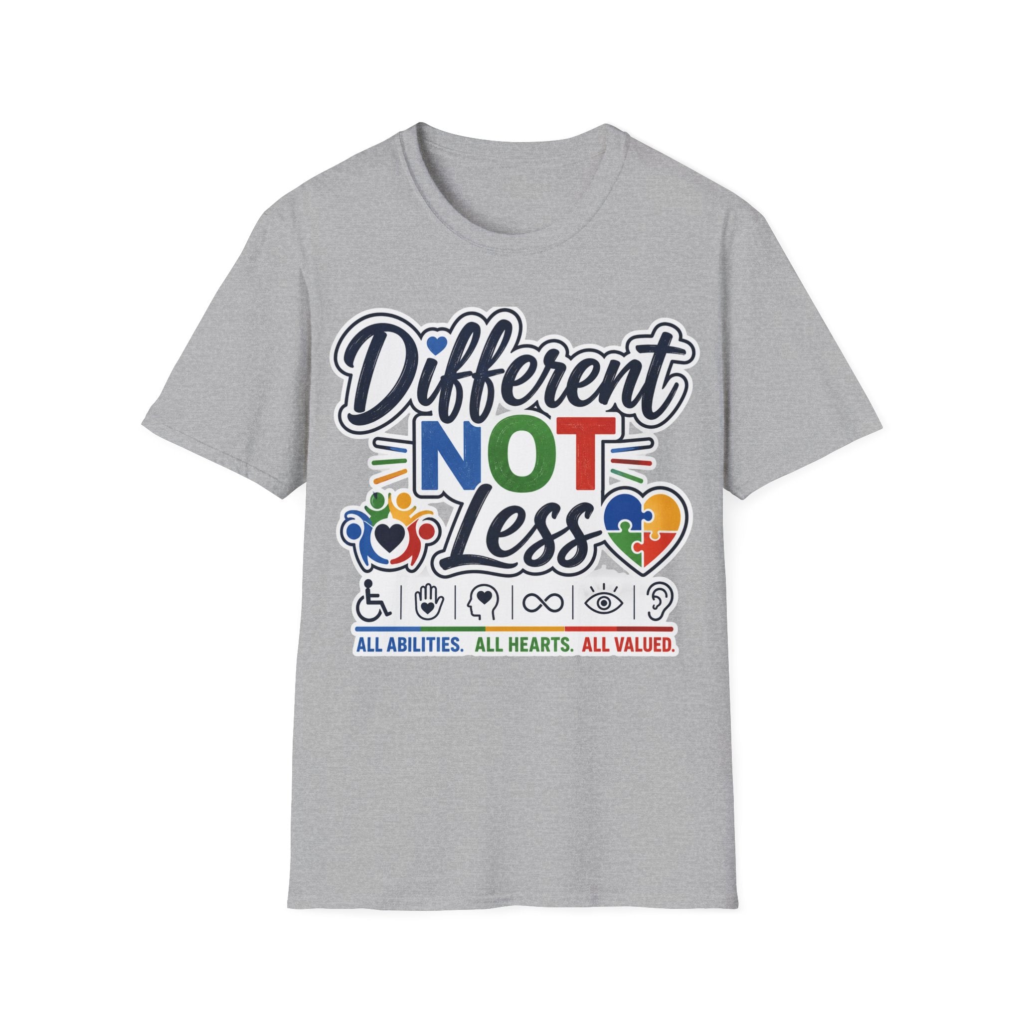 Different NOT Less T-Shirt | Disability Pride, Inclusive Rainbow Design