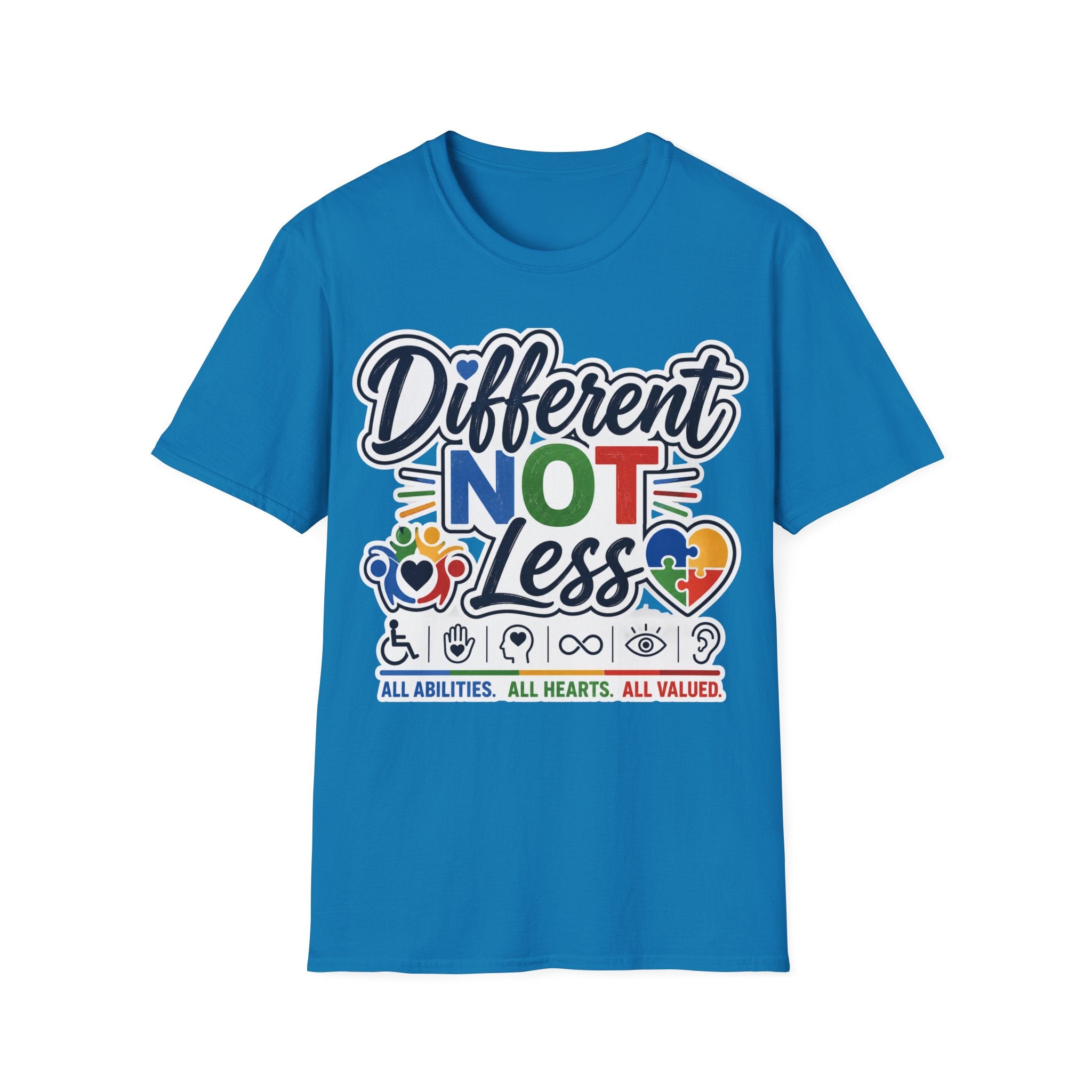 Different NOT Less T-Shirt | Disability Pride, Inclusive Rainbow Design