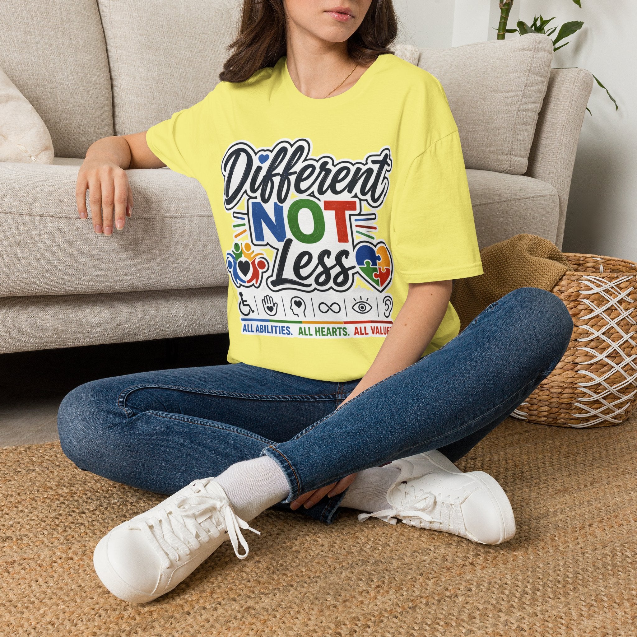 Different NOT Less T-Shirt | Disability Pride, Inclusive Rainbow Design