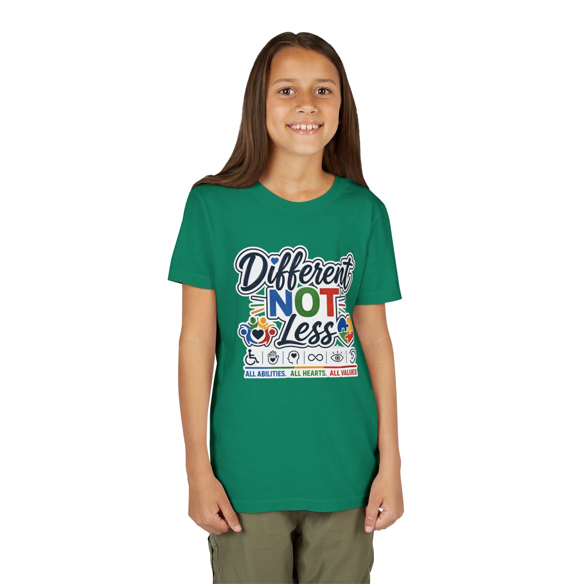 Youth Tee — "Different Not Less" Inclusive Pride Autism Awareness Shirt