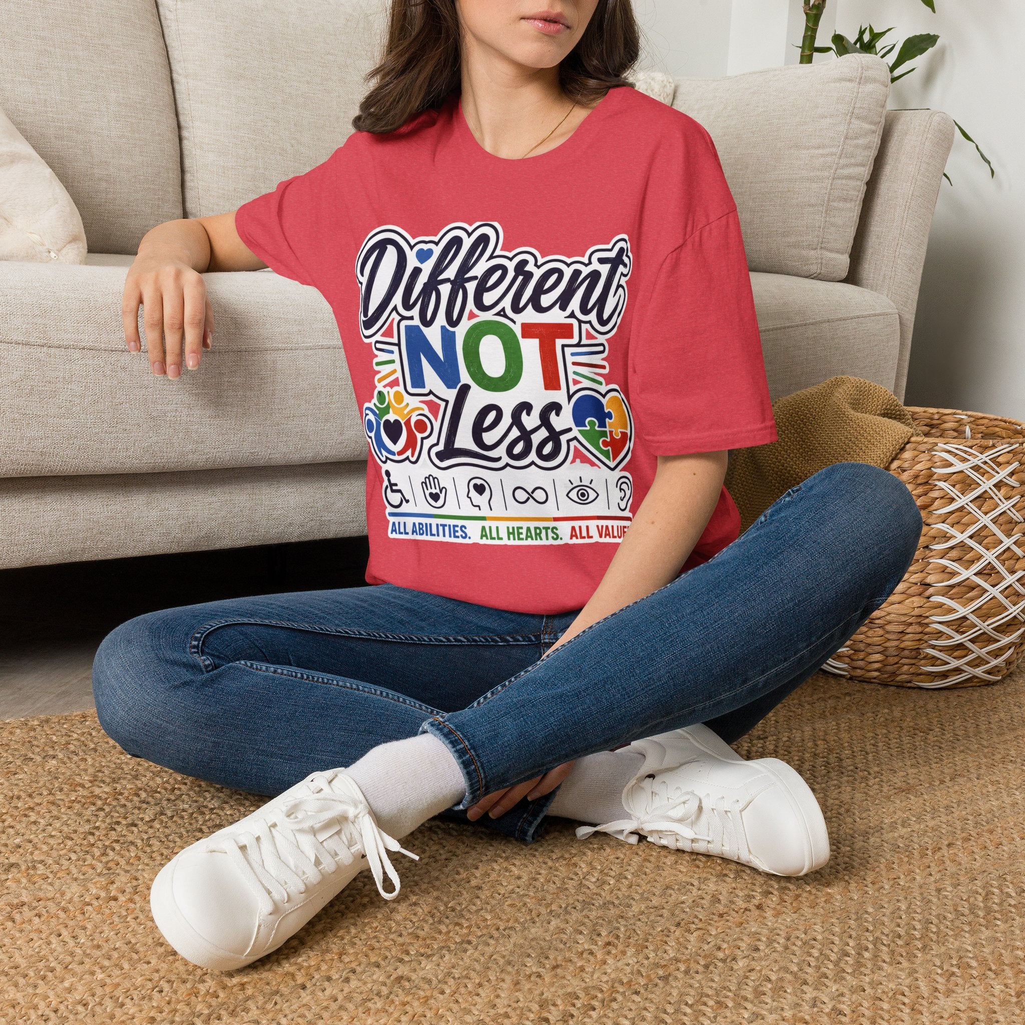 Different NOT Less T-Shirt | Disability Pride, Inclusive Rainbow Design
