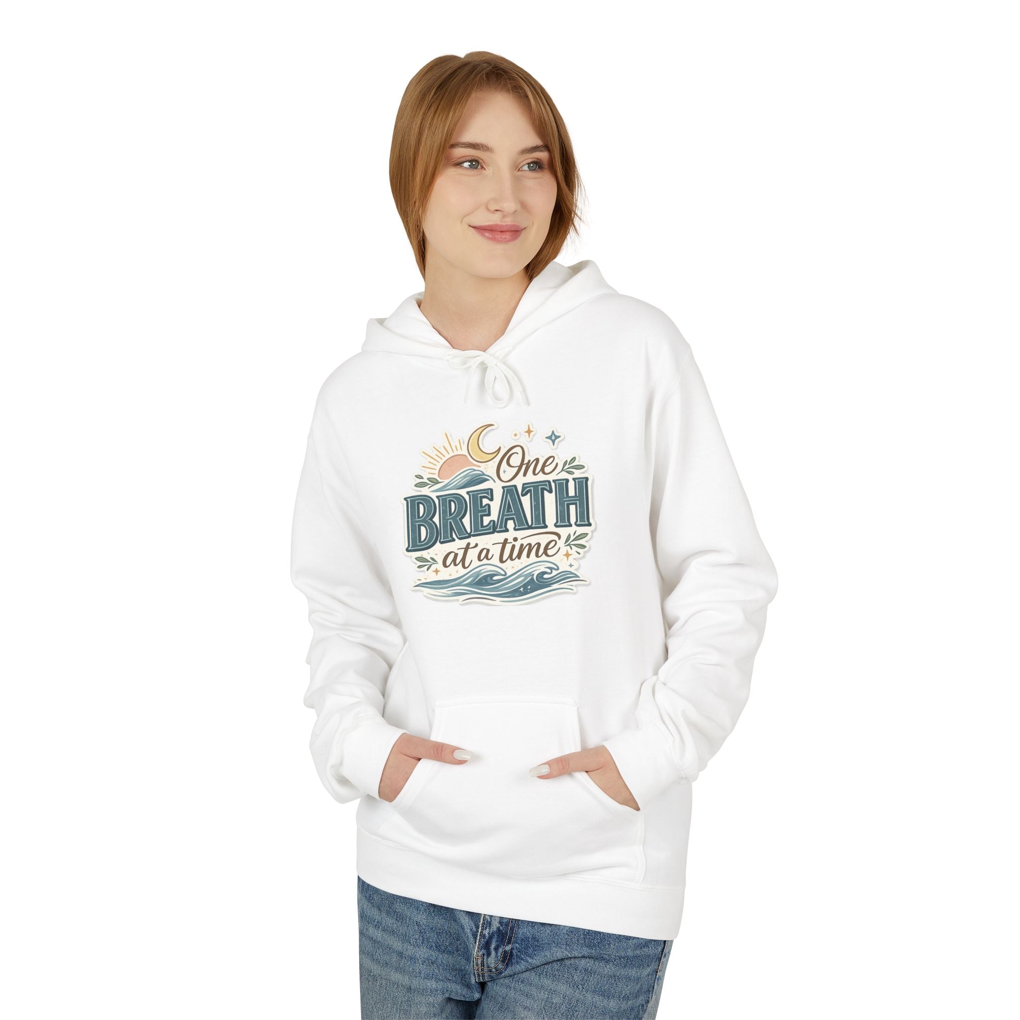 One Breath at a Time Hoodie | Ocean Waves Sun Illustration