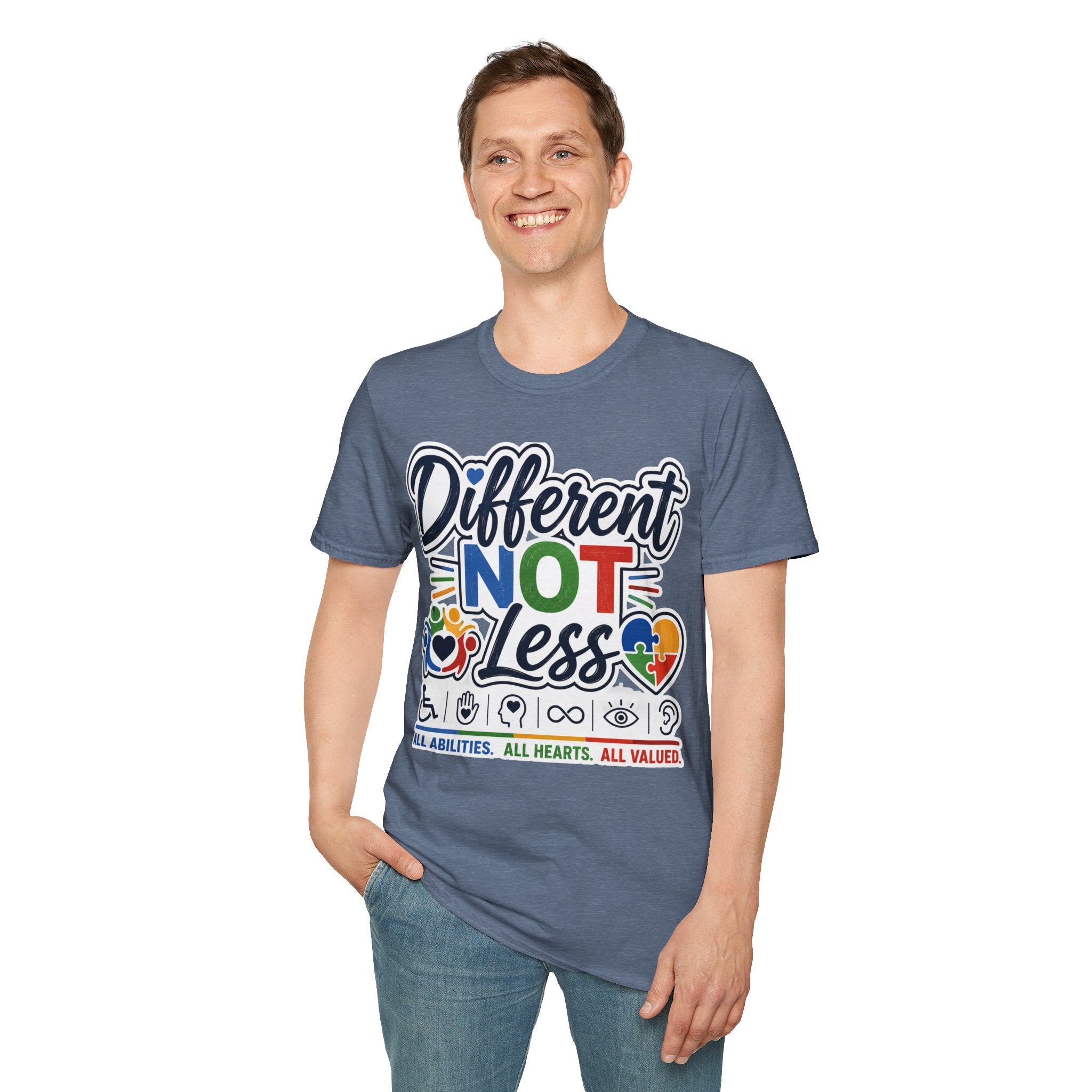Different NOT Less T-Shirt | Disability Pride, Inclusive Rainbow Design