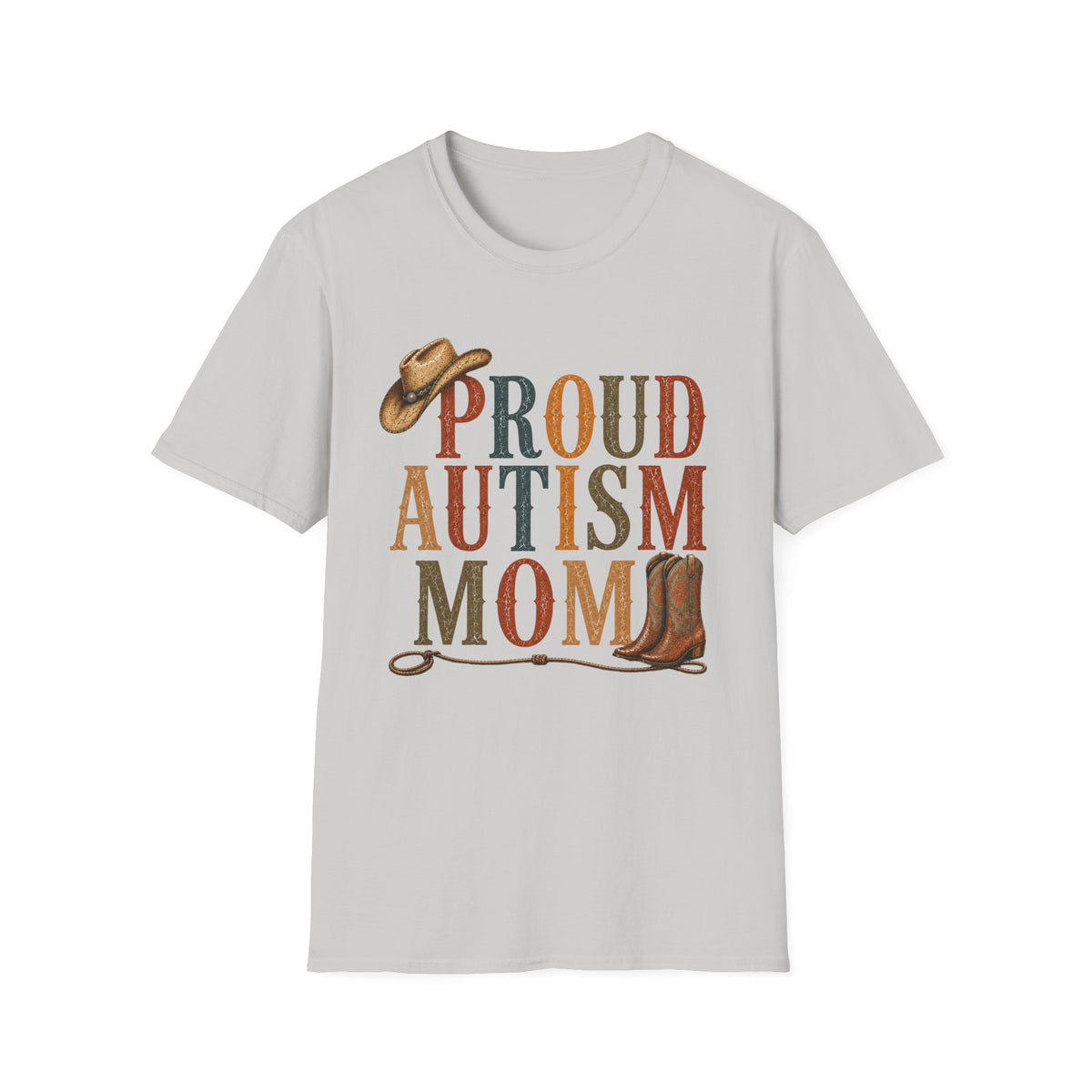 Proud Autism Mom T-Shirt — Rustic Western Cowboy Hat & Boots Design