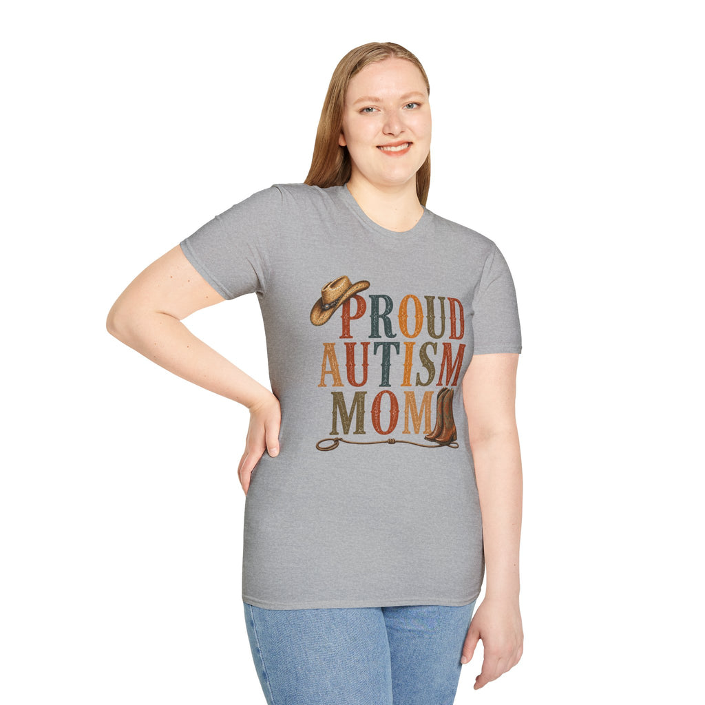 Proud Autism Mom T-Shirt — Rustic Western Cowboy Hat & Boots Design