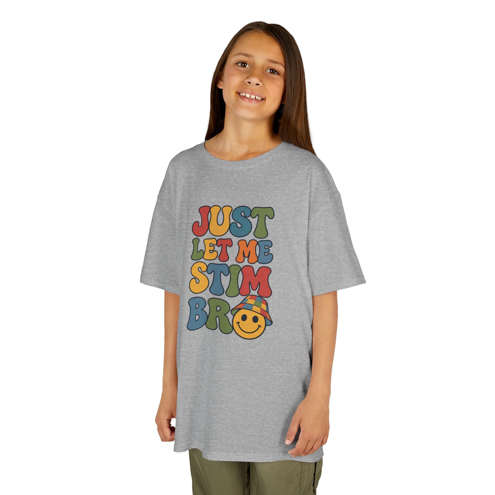 Just Let Me Stim Bro Kids Tee, Retro Bubble Letters Smiley Face Shirt, Autism ADHD Neurodivergent Kids T-Shirt, Funny Sensory Gift