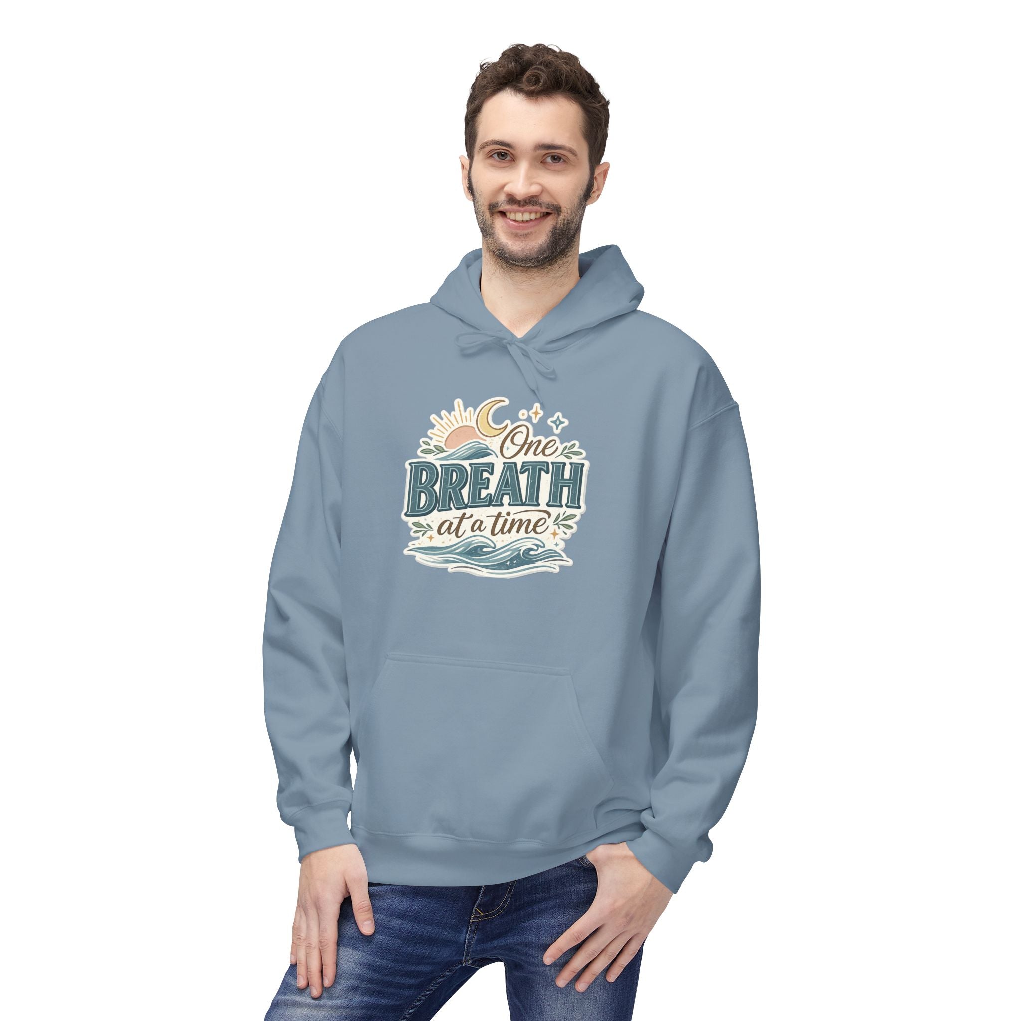 One Breath at a Time Hoodie | Ocean Waves Sun Illustration