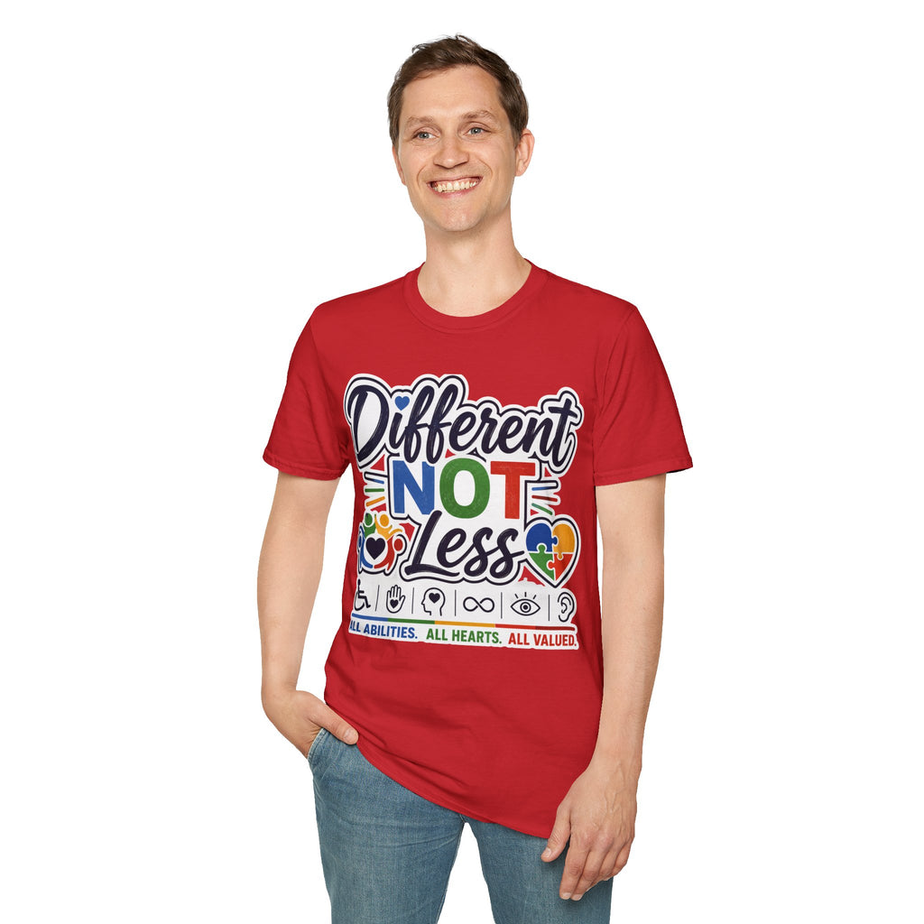 Different NOT Less T-Shirt | Disability Pride, Inclusive Rainbow Design
