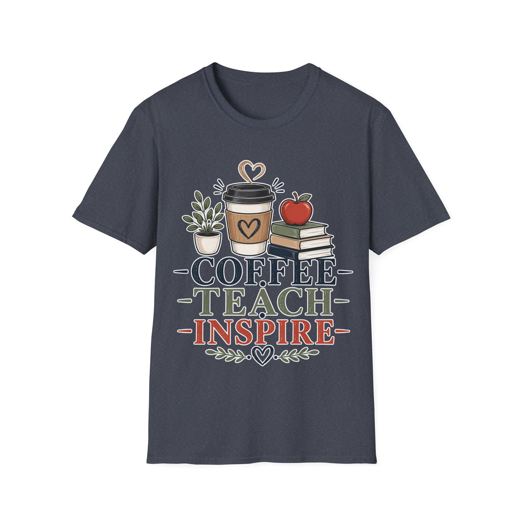 Coffee Teach Inspire Shirt | Teacher T-Shirt | Coffee Books Apple Graphic Tee | Elementary Teacher Gift | Back to School Apparel