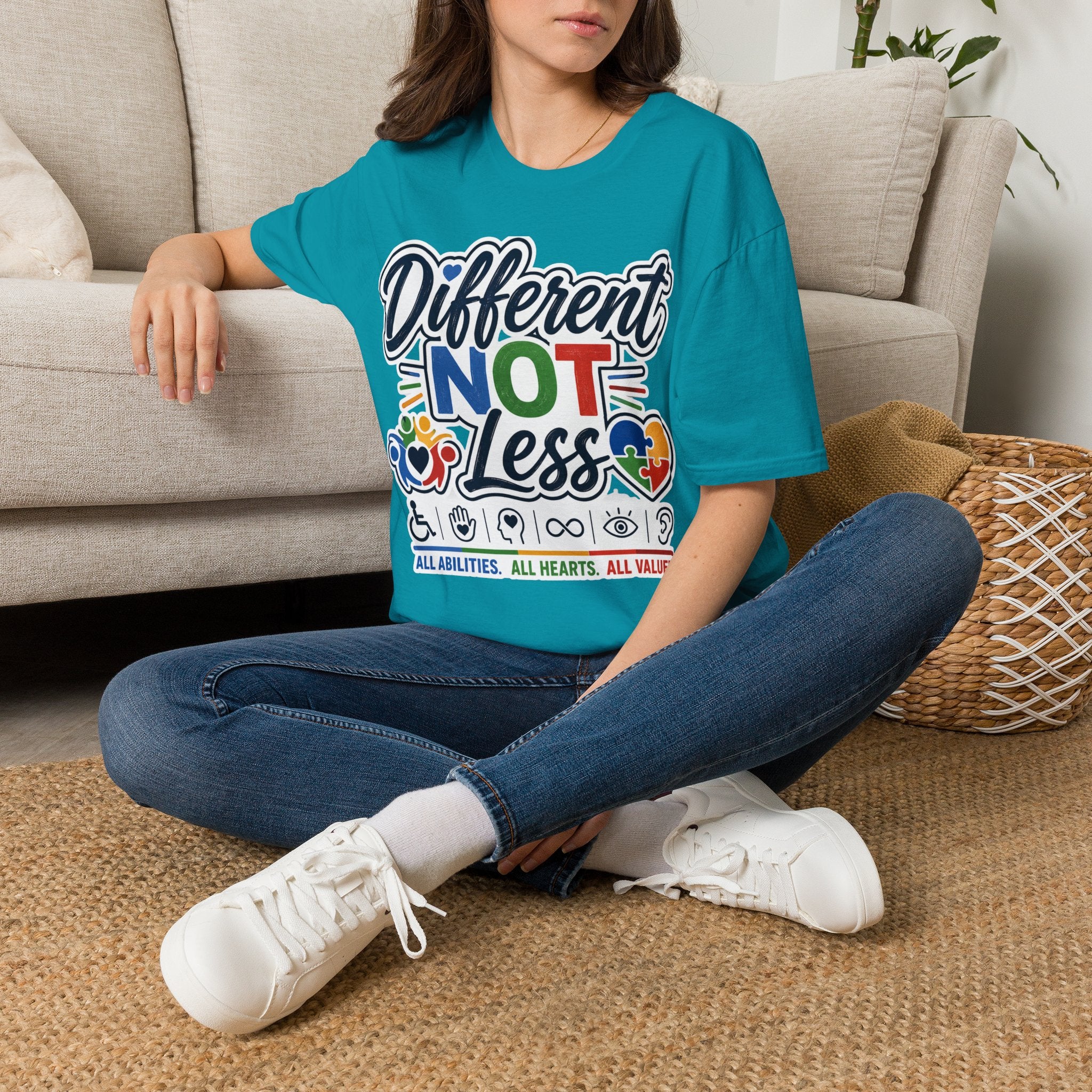 Different NOT Less T-Shirt | Disability Pride, Inclusive Rainbow Design